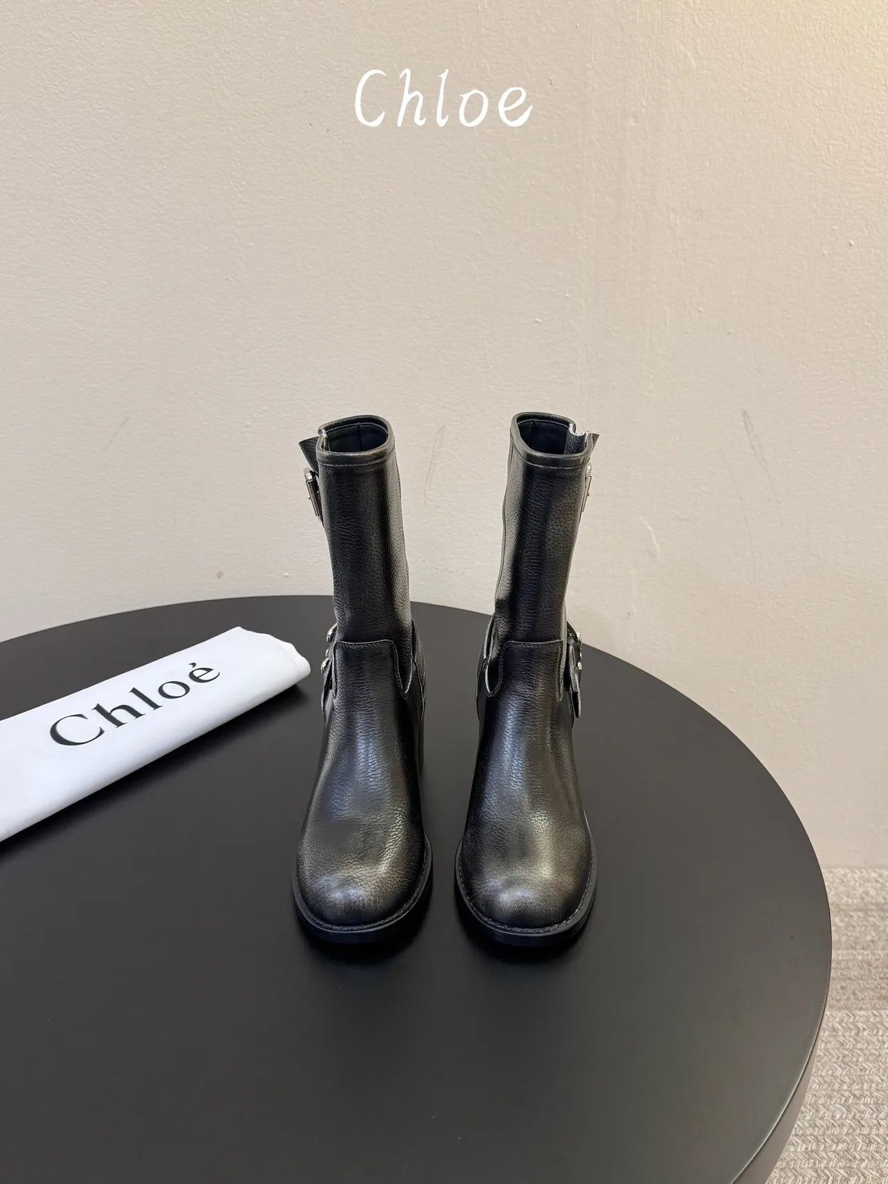 Chloe Cowhide Glossy Round-Toe Ankle Boots in Black · view 1