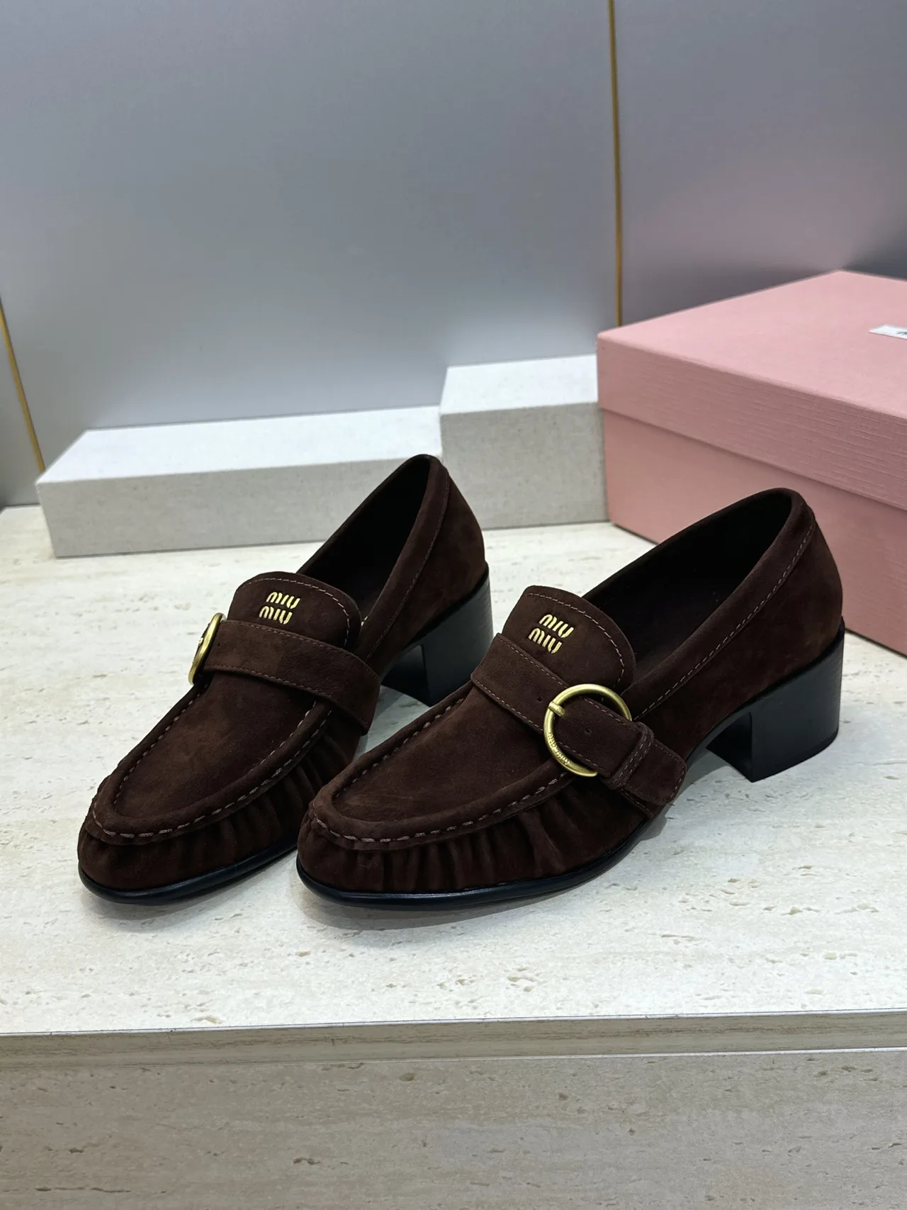 Miu Miu Cowhide Sheepskin Buckle Suede Heeled Loafers in Brown · view 3