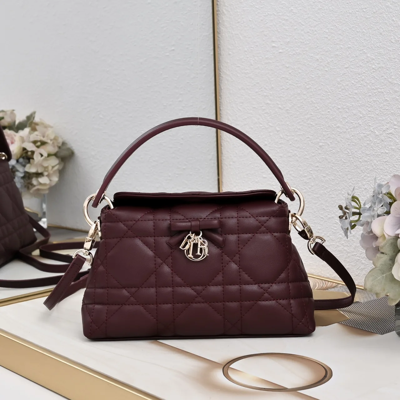 Dior Sheepskin Quilted Top-Handle Bag in Burgundy · view 1
