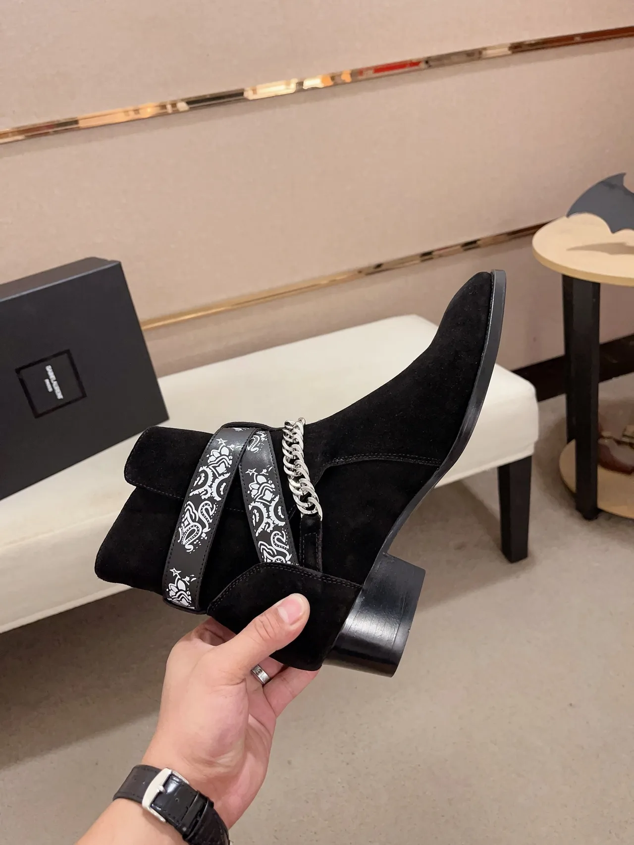 AMIRI Cowhide Suede-Look Pointed-Toe Bandana Strap Ankle Boots in Black · view 5