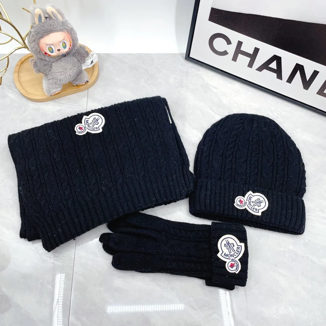 Moncler Wool Ribbed Hat Scarf and Gloves Set in Blue · view 1