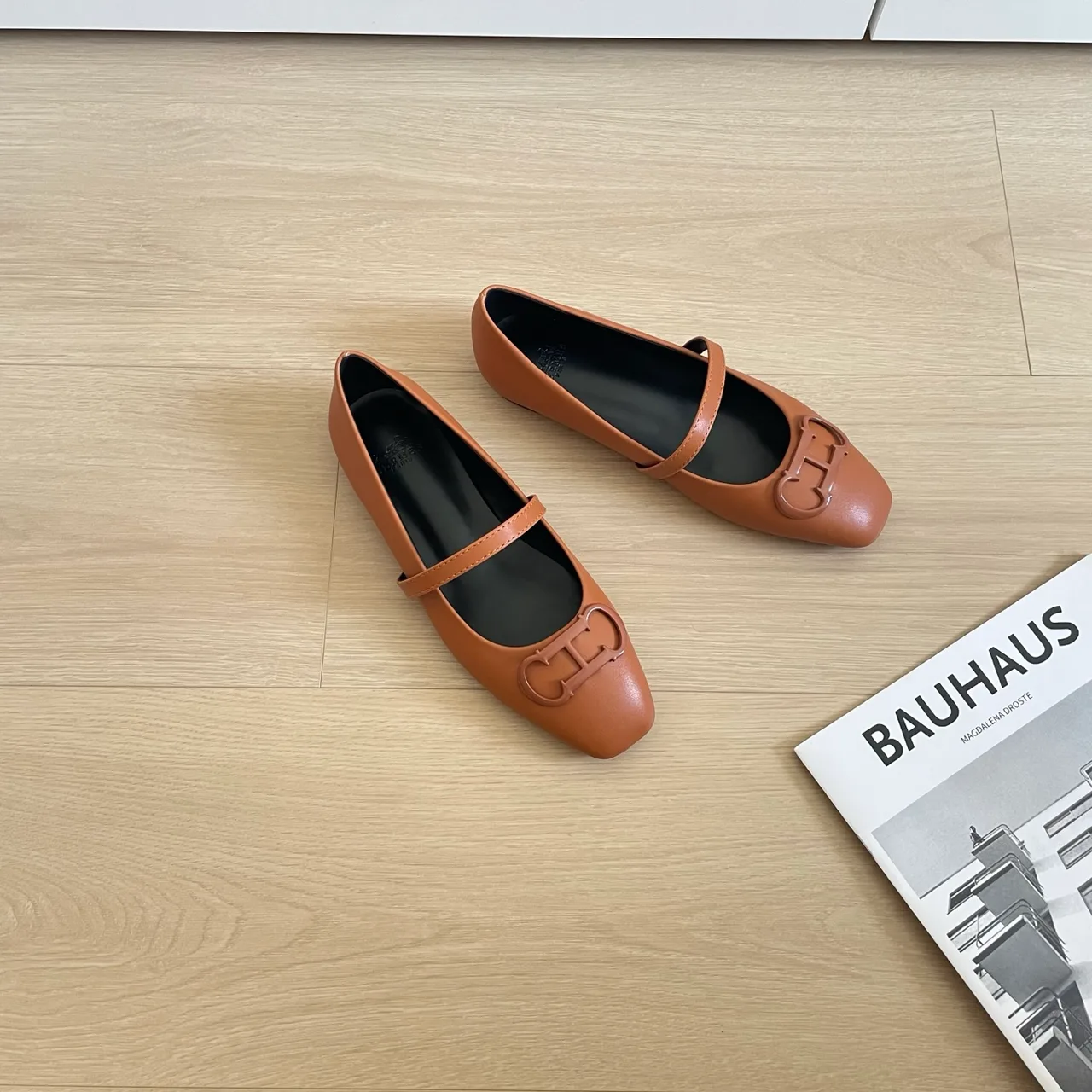 Hermes Leather Glossy Square-Toe Mary Jane Shoes in Tan · view 4