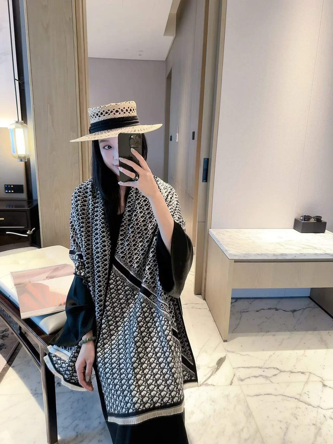 Dior CD pattern fringed scarf in Beige & Black · view 6