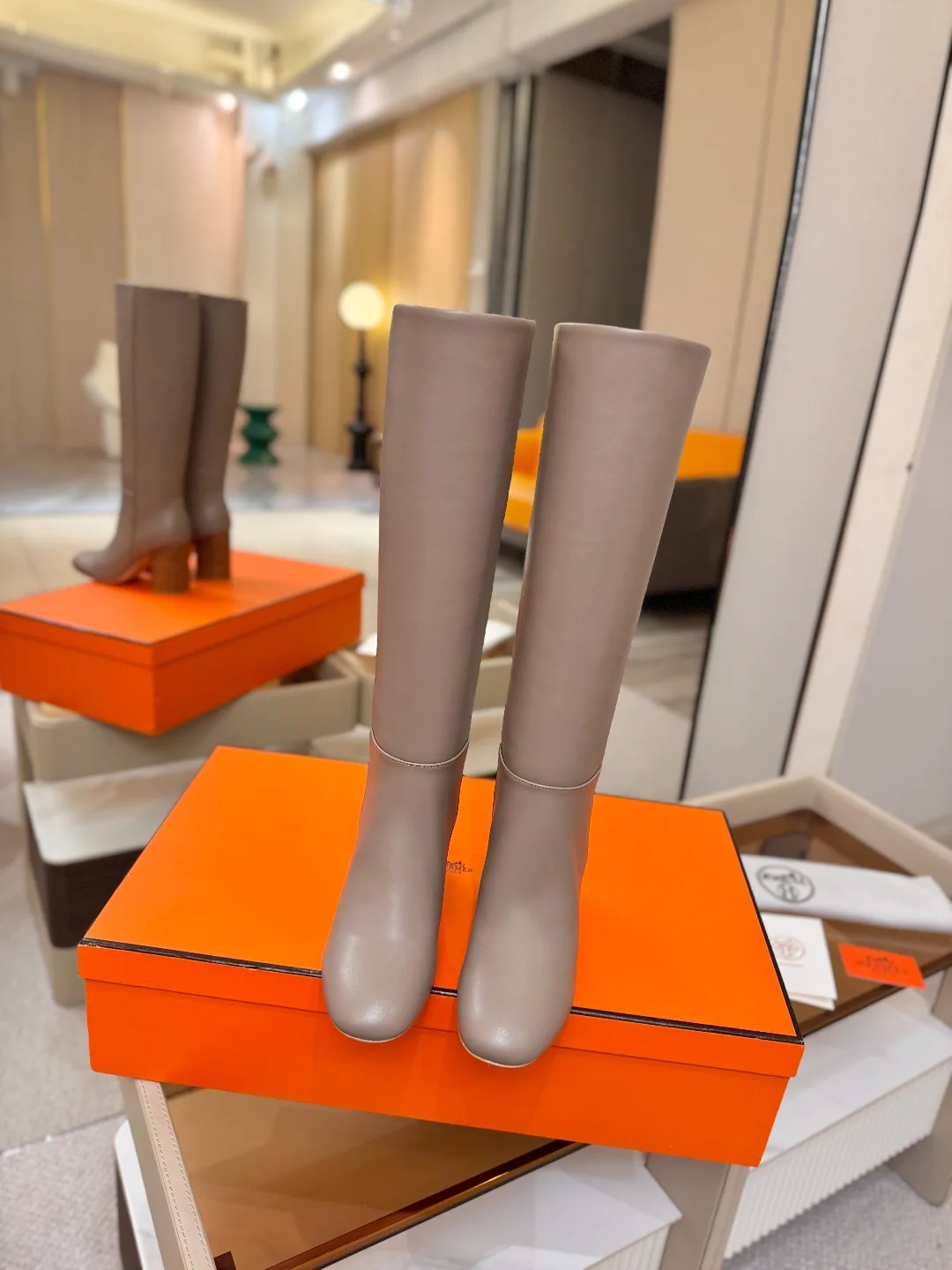 Hermes Cowhide Knee-High Boots in Grey · view 4