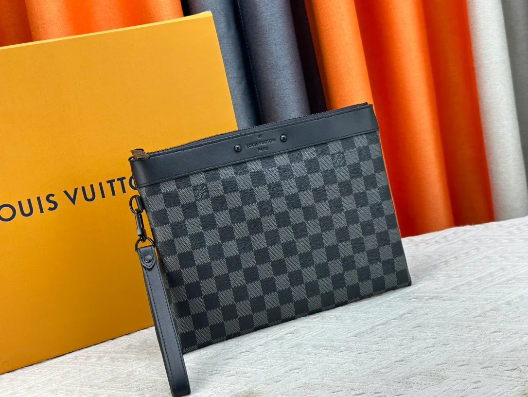 Louis Vuitton Canvas Check Damier Wristlet Pouch in Black · view 2