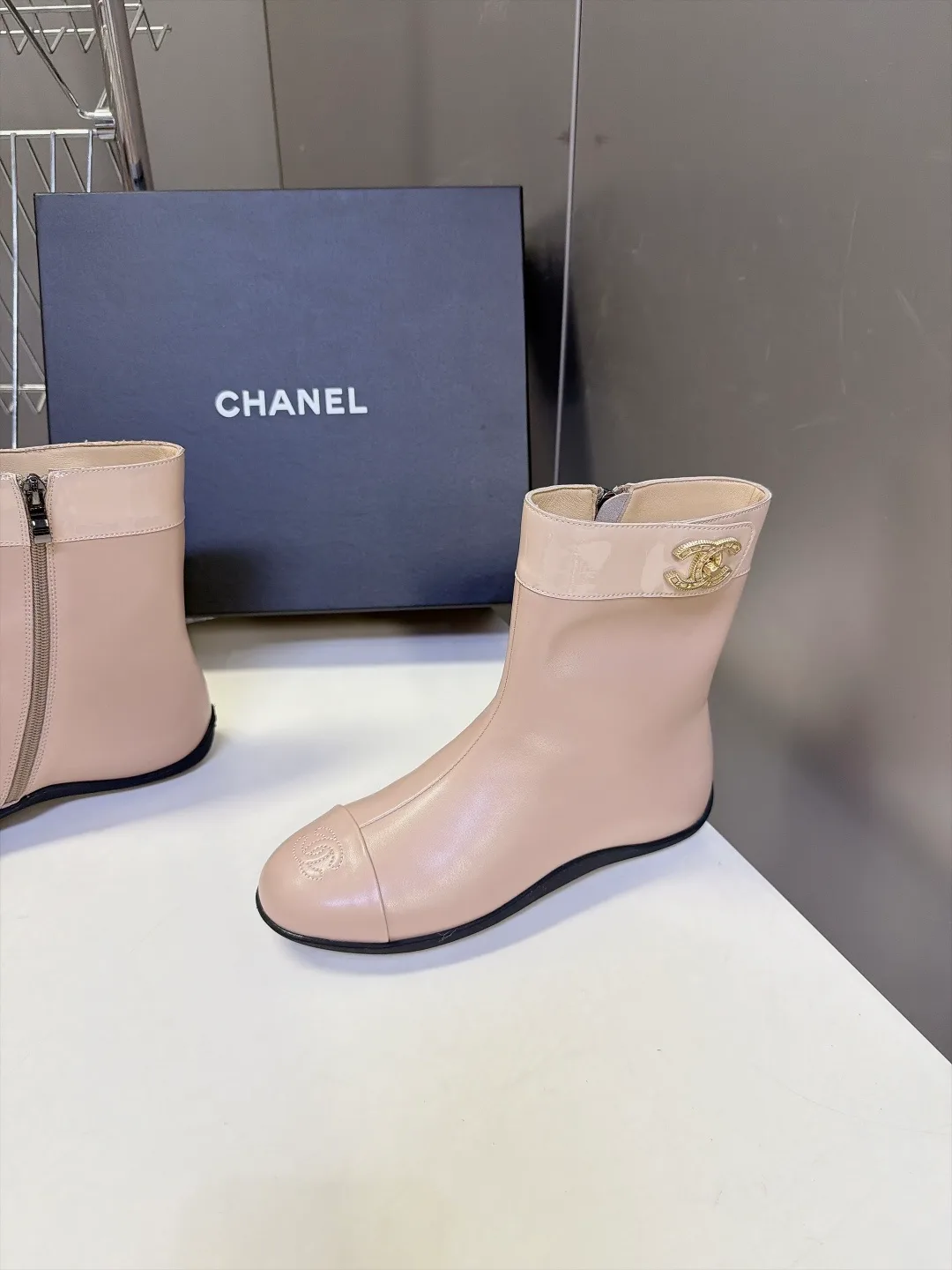 Chanel Calfskin Glossy Ankle Boots in Beige · view 3
