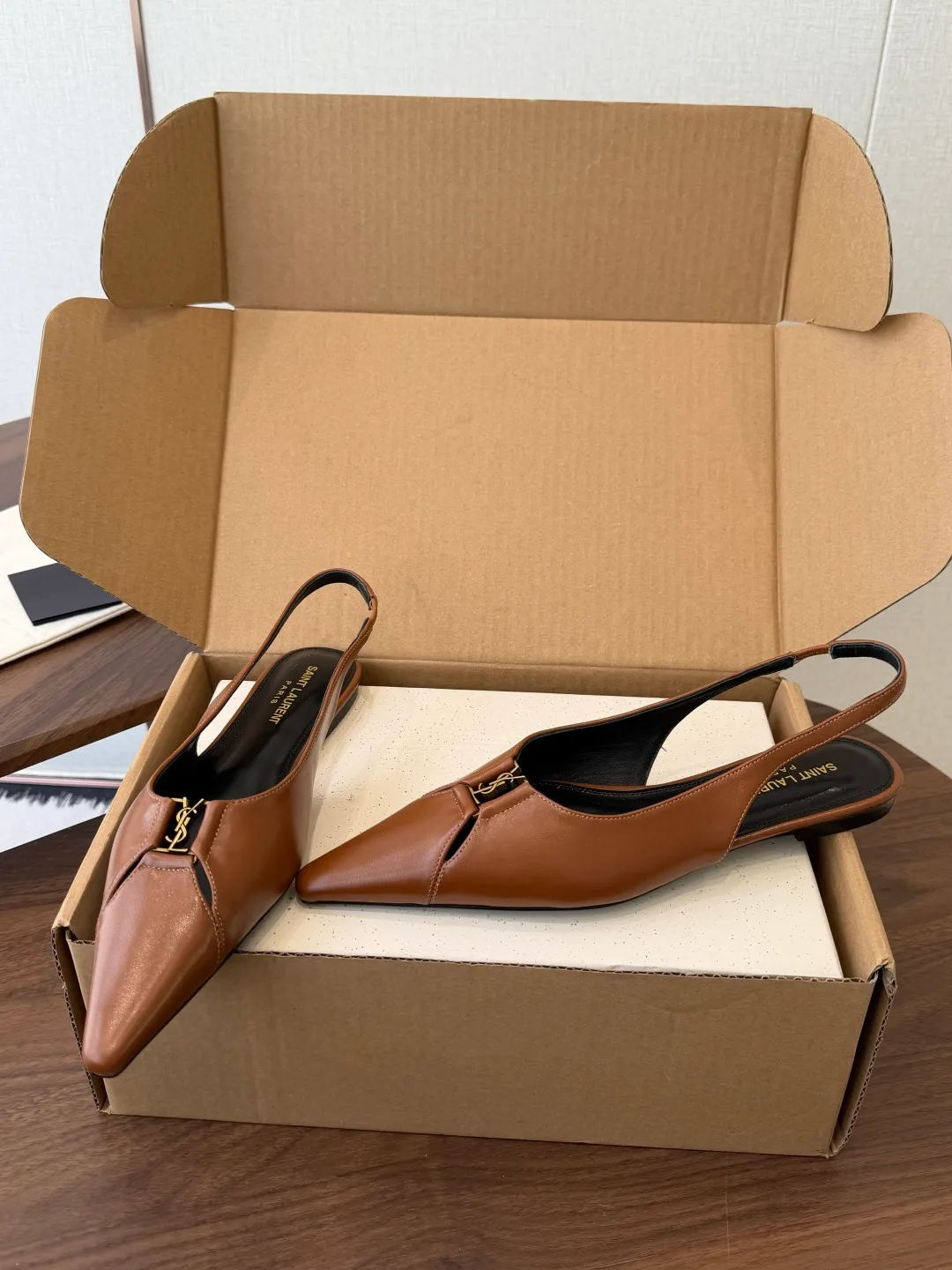 Saint Laurent Sheepskin Pointed-Toe Slingback Shoes in Brown · view 3