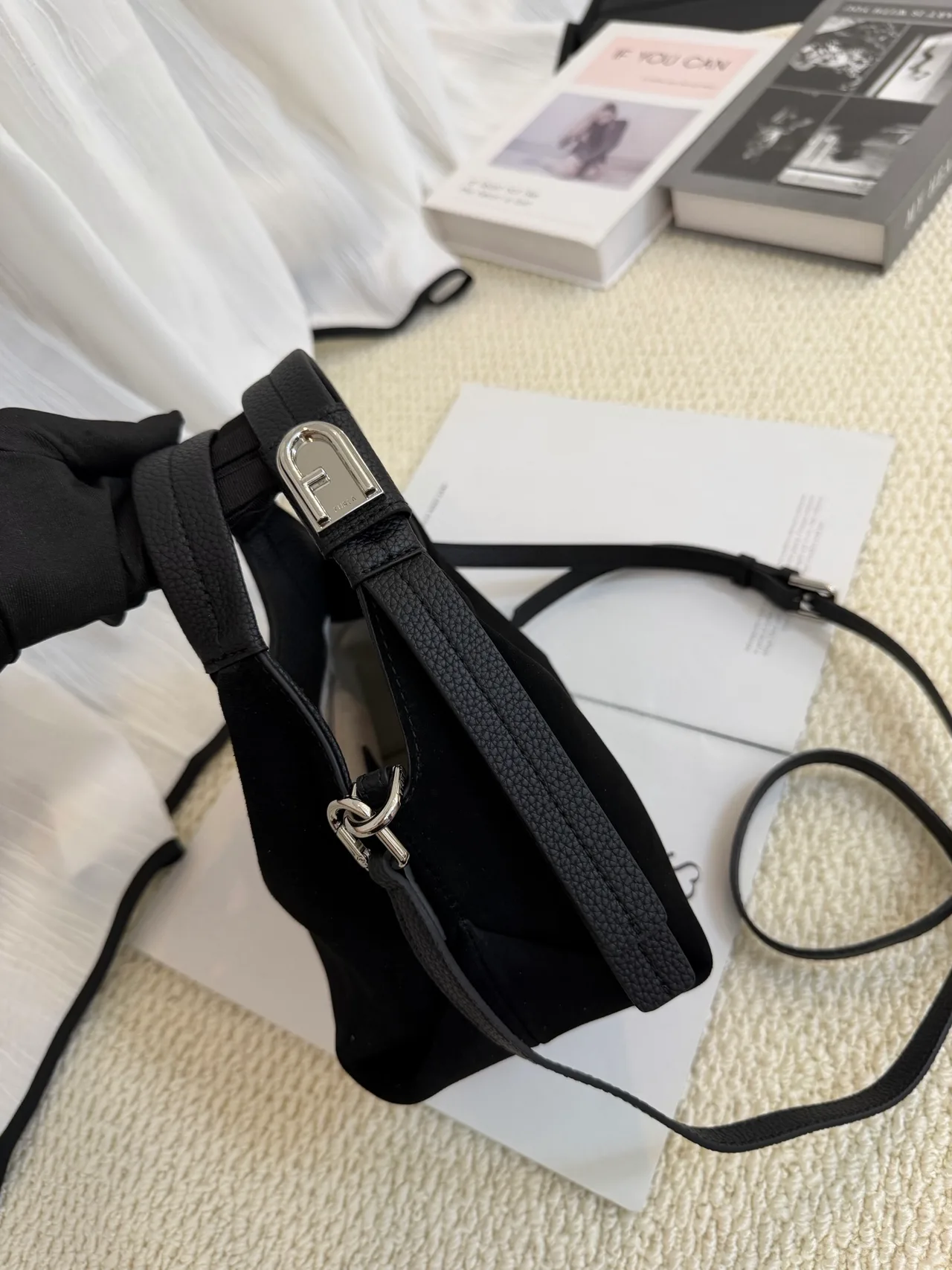Furla Cowhide Smooth Hobo Bag in Black · view 3
