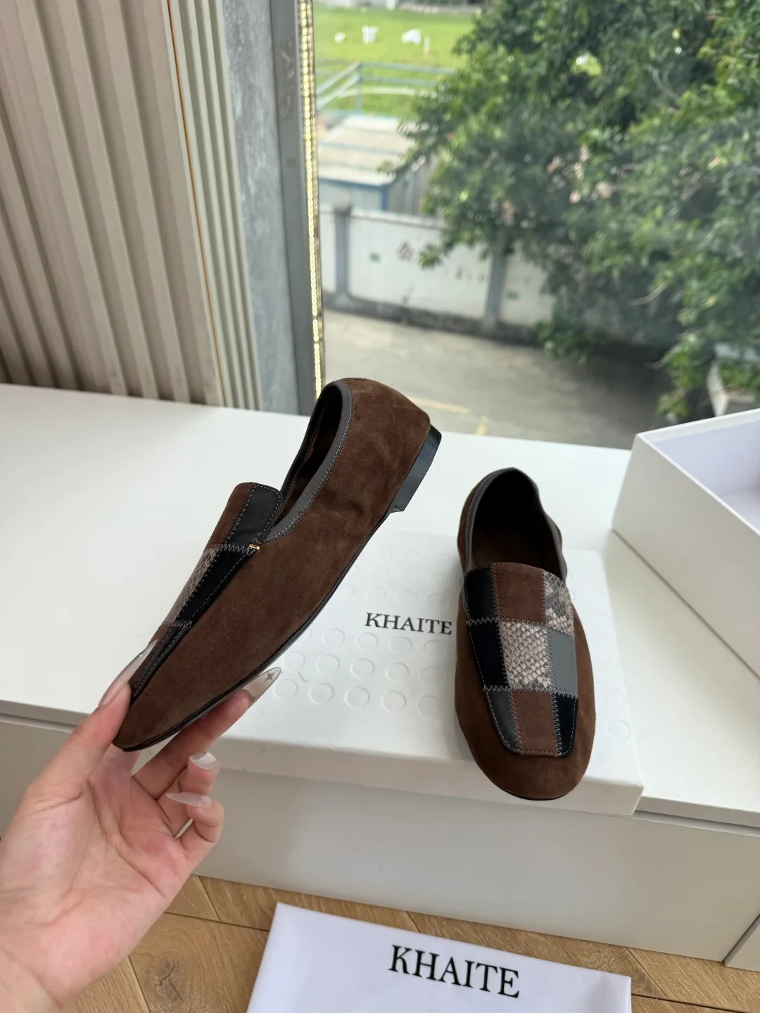 Khaite Sheepskin Check Suede-Look Loafers in Brown · view 5