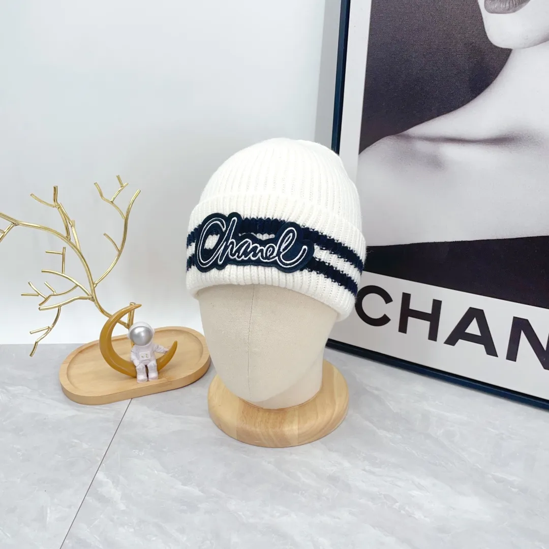 Chanel Striped Embroidered Beanie in White · view 4