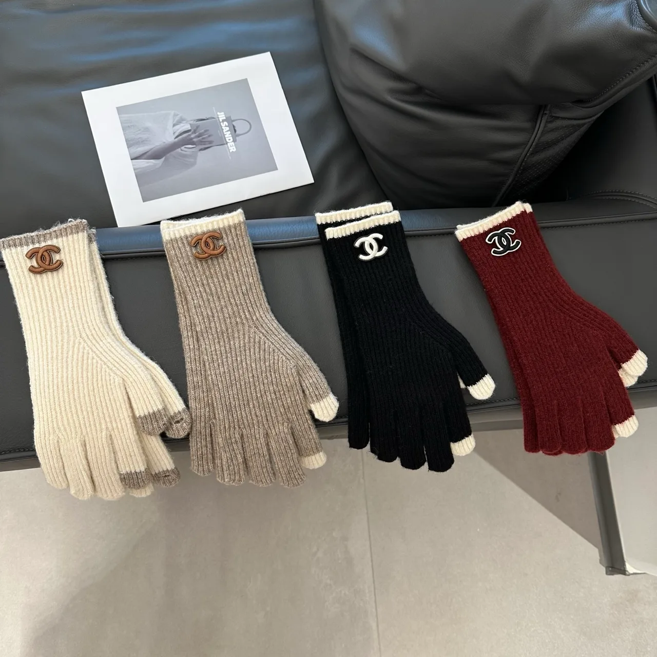 Chanel Hat Scarf and Gloves Set in Beige & Black & Burgundy & White · view 5