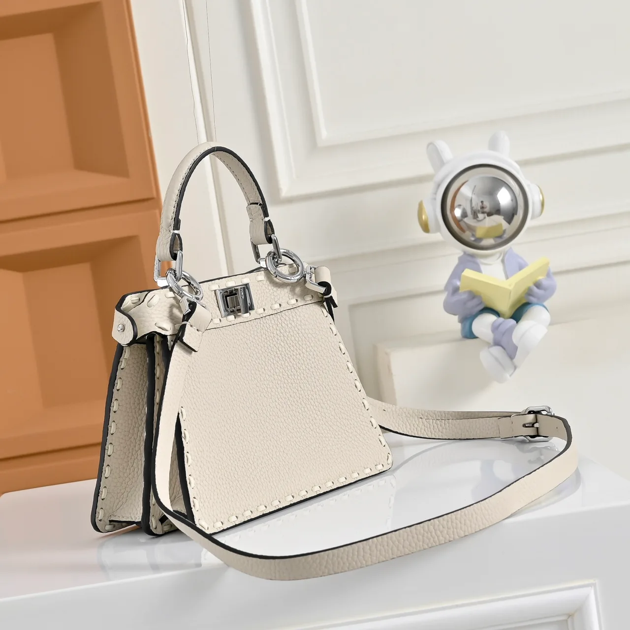 Fendi Calfskin Smooth Top-Handle Bag in Beige · view 2