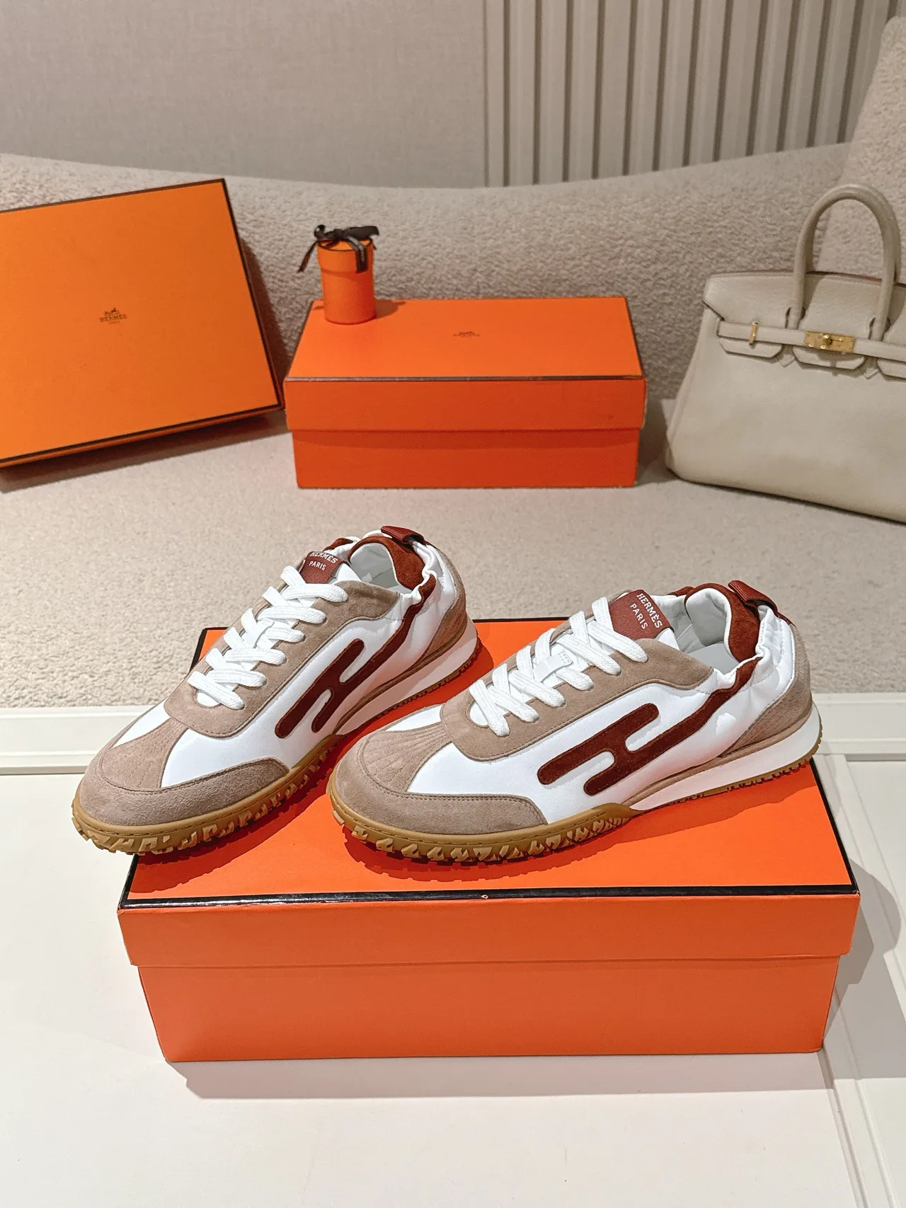 Hermes Sheepskin Suede Round-Toe Sneakers in White · view 2