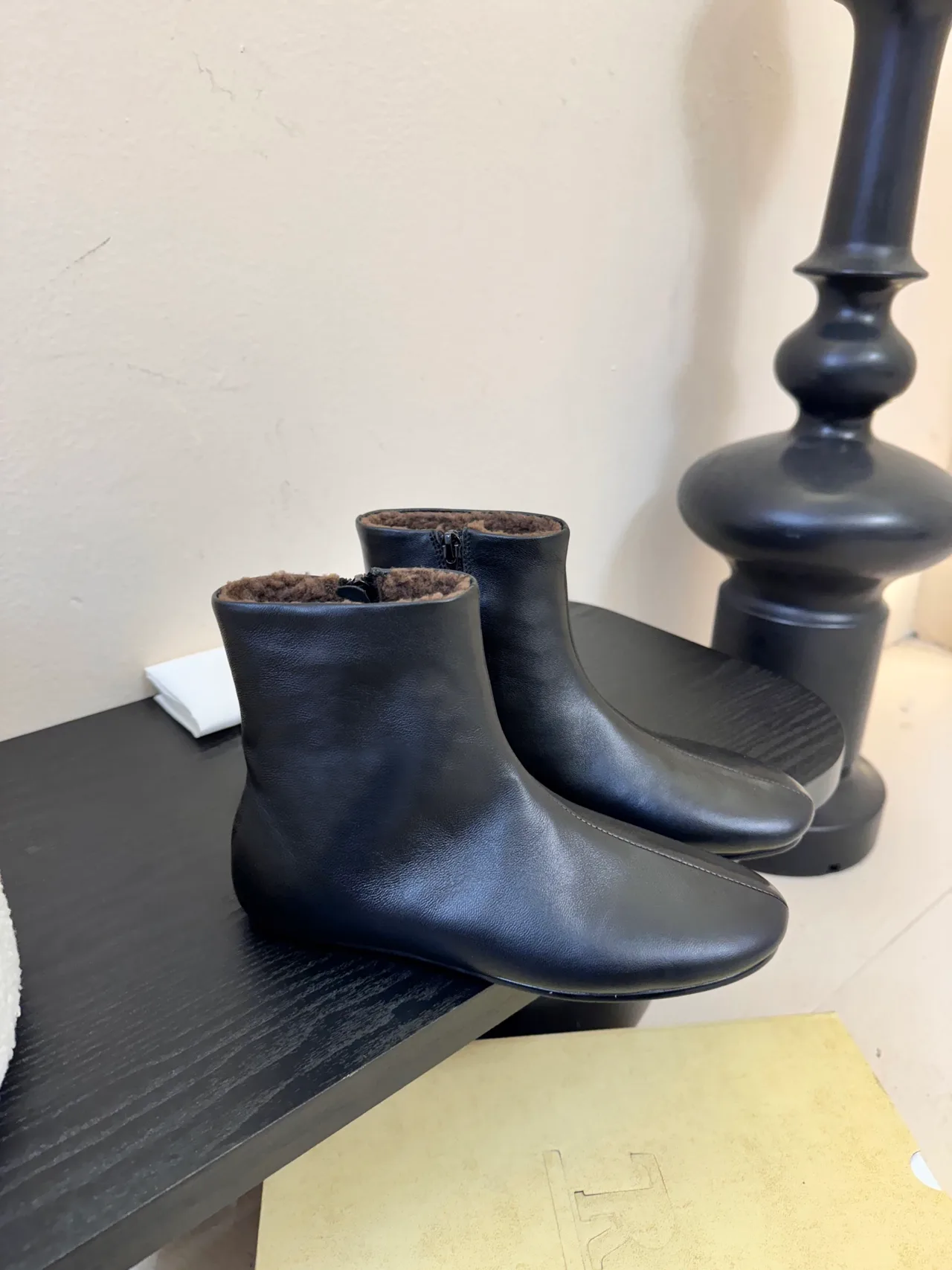 Glossy Round-Toe Lined Ankle Boots in Black · view 1