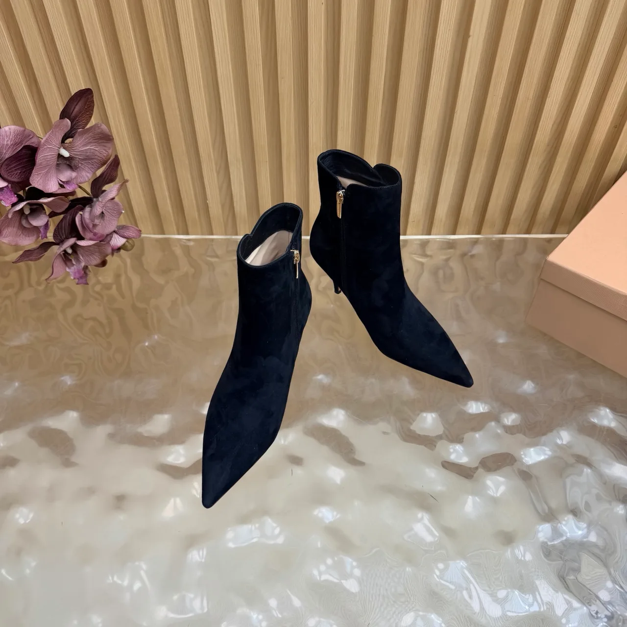 Gucci Suede-Look Pointed-Toe Ankle Boots in Black · view 5