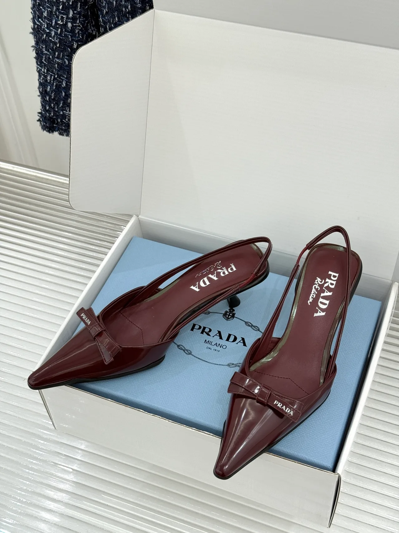 Prada Lambskin Pointed Slingback Pumps in Burgundy · view 3