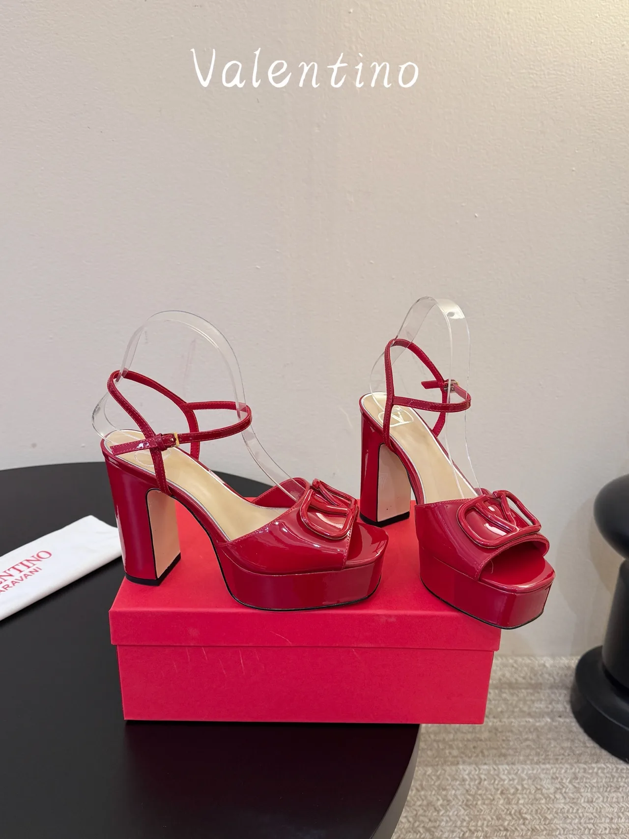 Valentino Patent Leather Glossy Square-Toe Sandals in Red · view 4