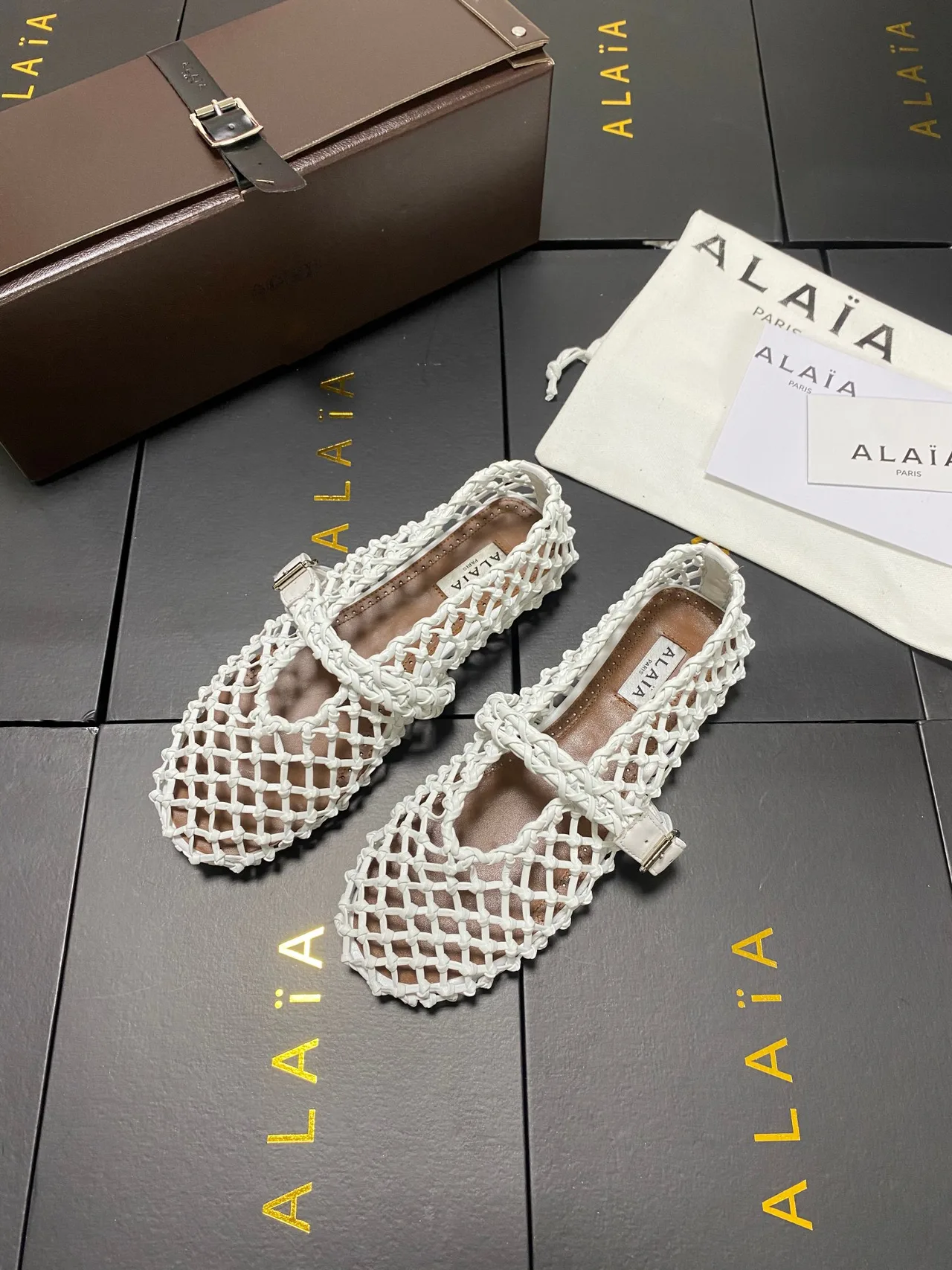 Alaia Cowhide Sheepskin Square-Toe Mesh Mary Jane Flats in White · view 3