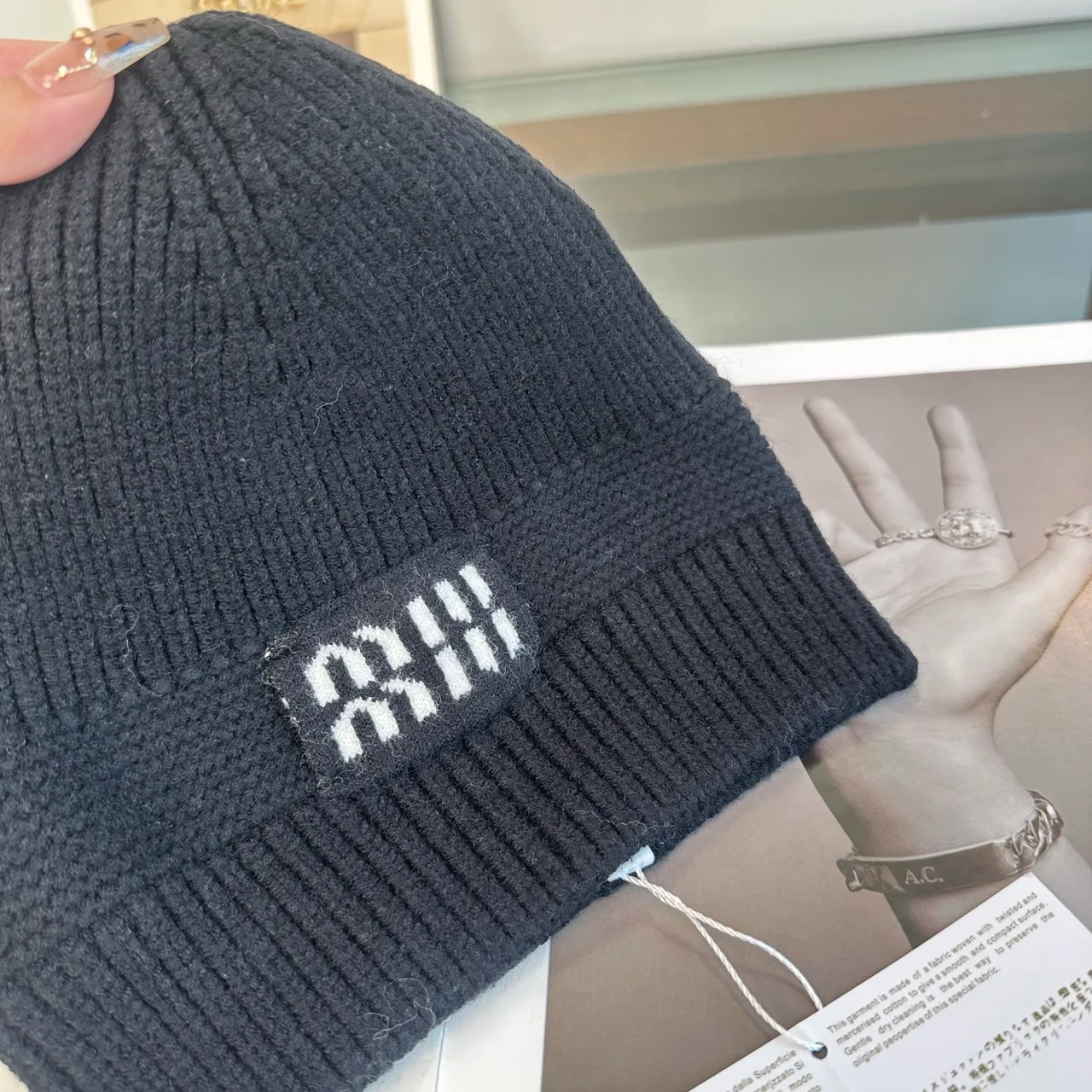 Miu Miu Logo knit beanie in Black & Grey & Burgundy & Tan & Cream · view 6