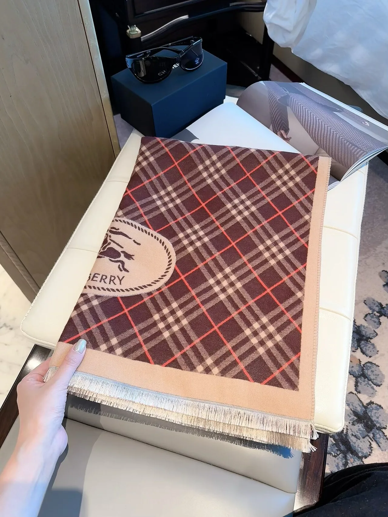 Burberry Check Equestrian Shawl in Brown & Beige · view 1