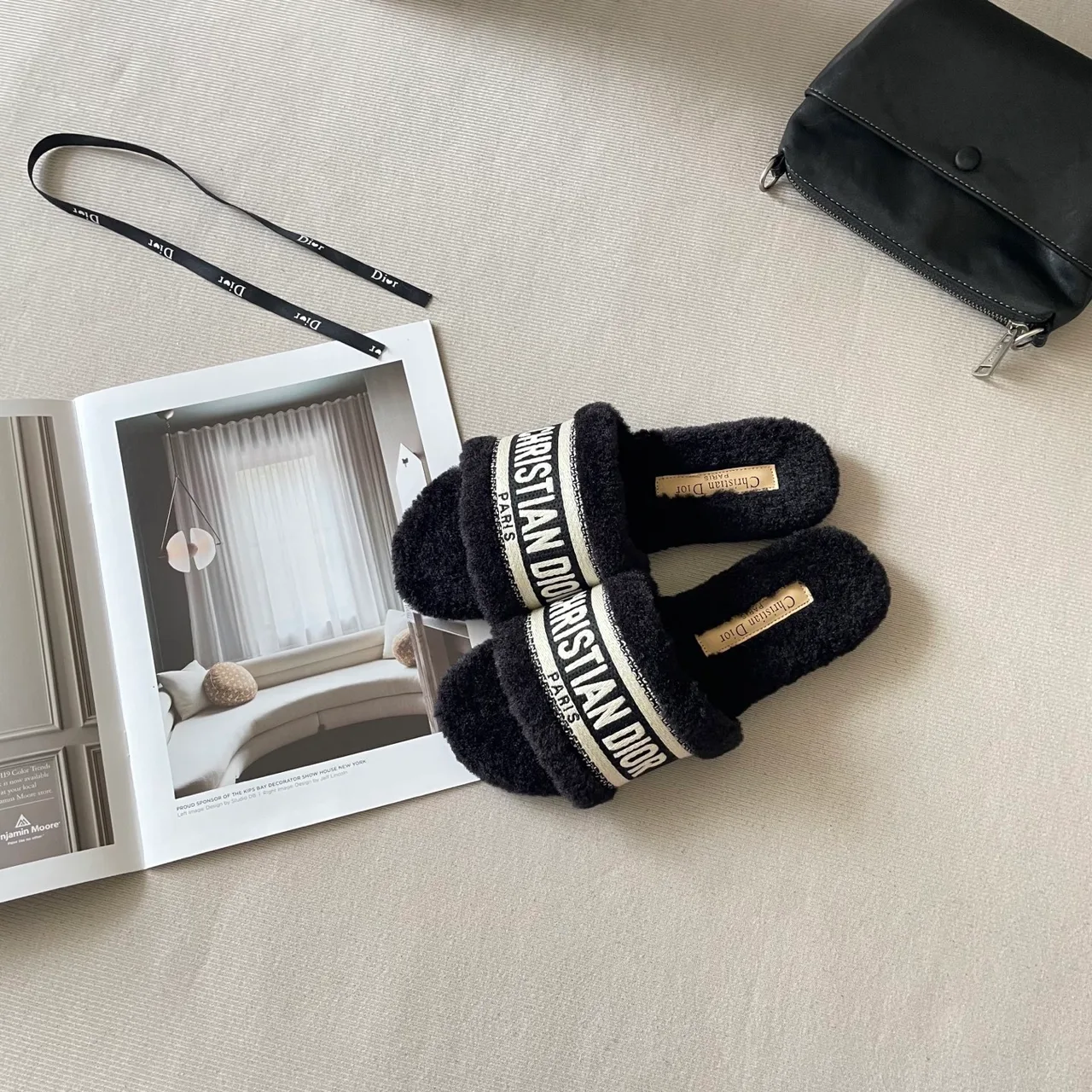 Dior Wool Cashmere Fuzzy Slides in Black · view 2
