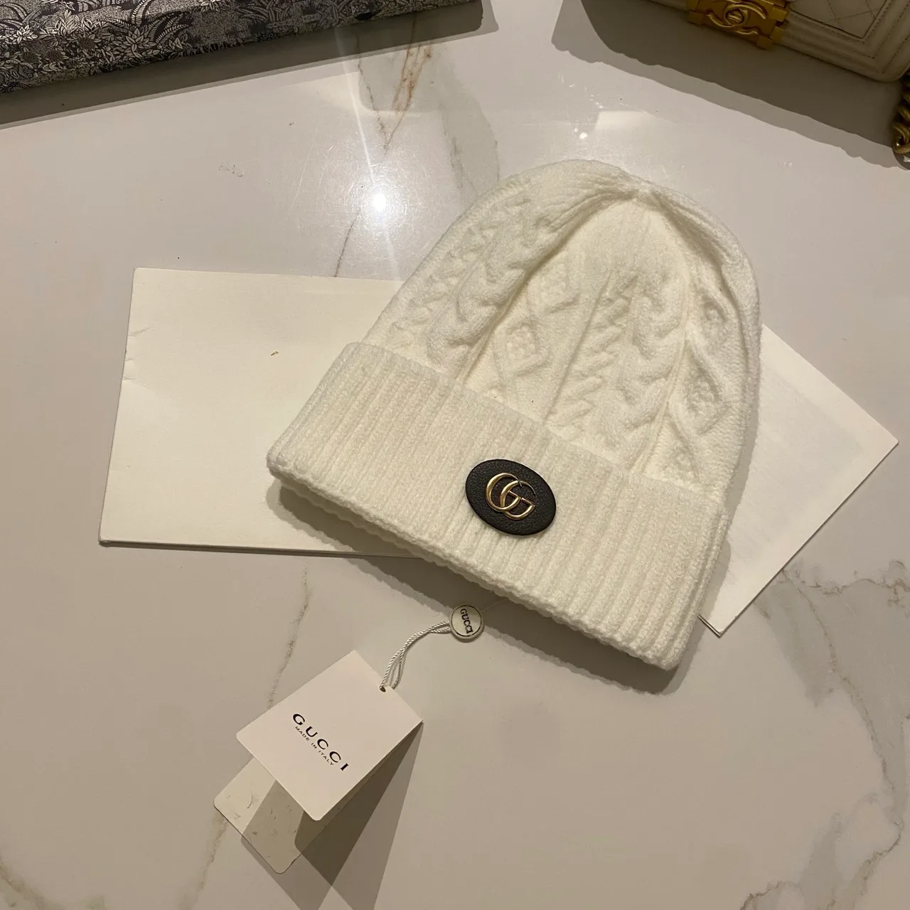 Gucci Cable-Knit Beanie in Black & Grey & White & Cream & Tan · view 3