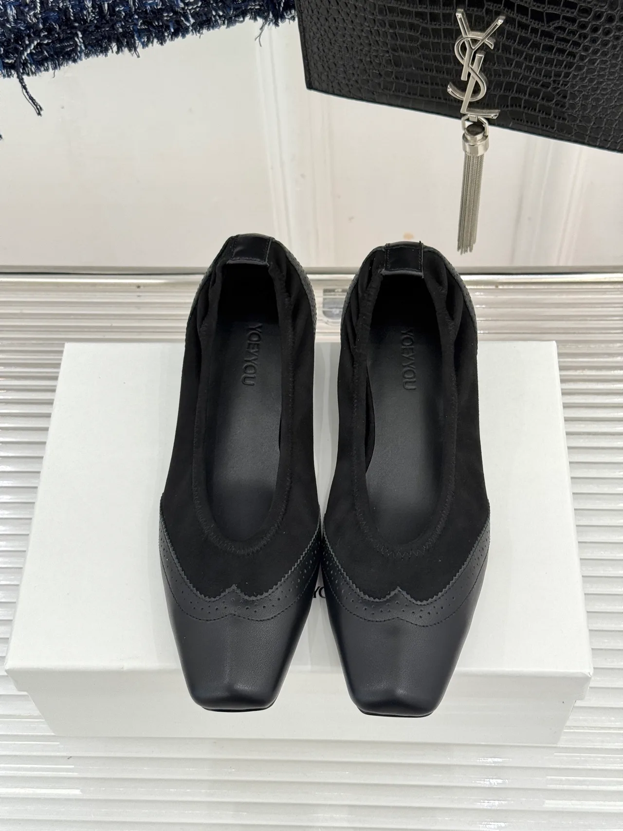 YOEYYOU Lambskin Denim Glossy Square-Toe Pumps in Black · view 1