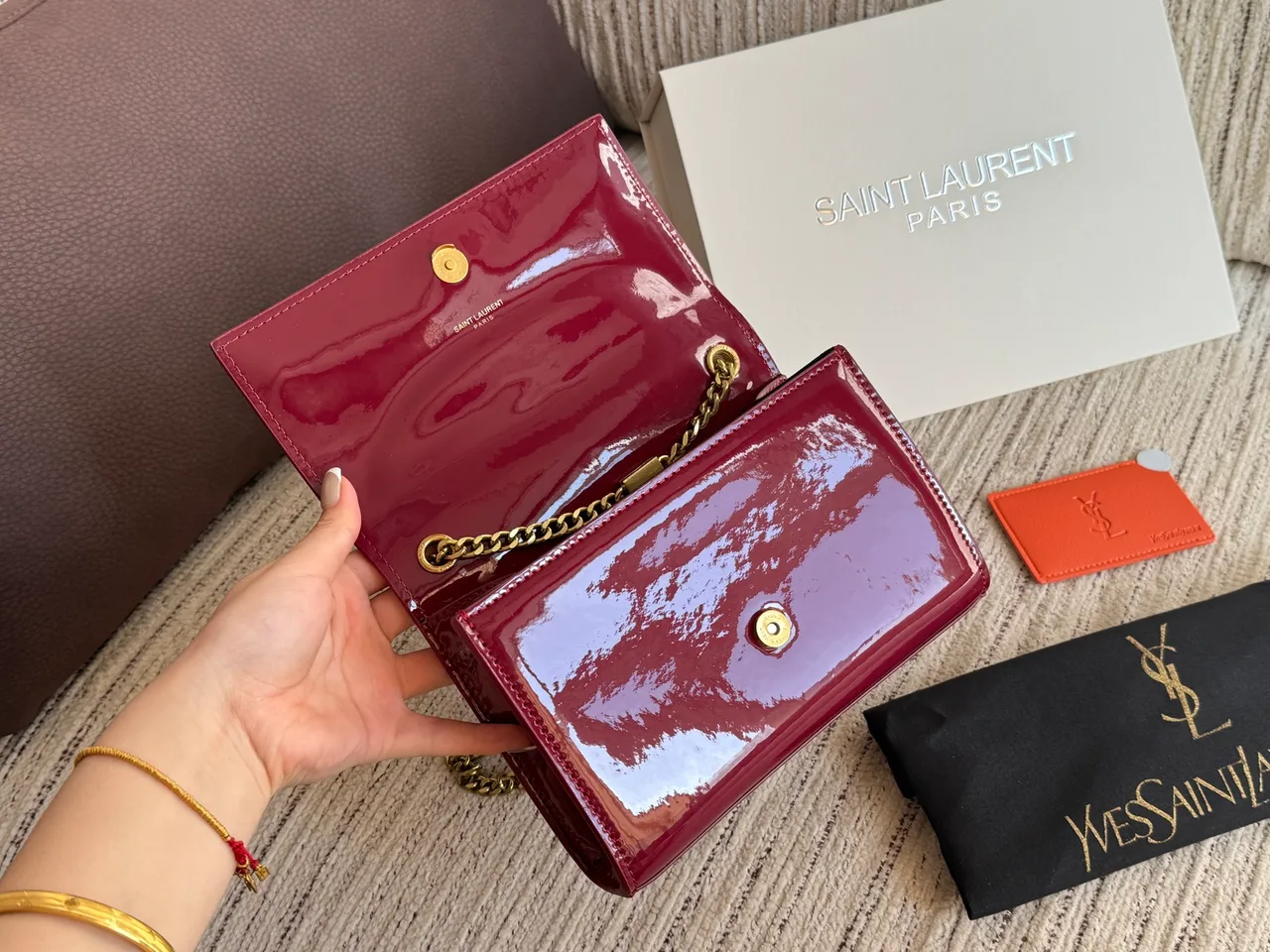 Saint Laurent Kate Glossy Chain-Strap Shoulder Bag in Burgundy · view 7