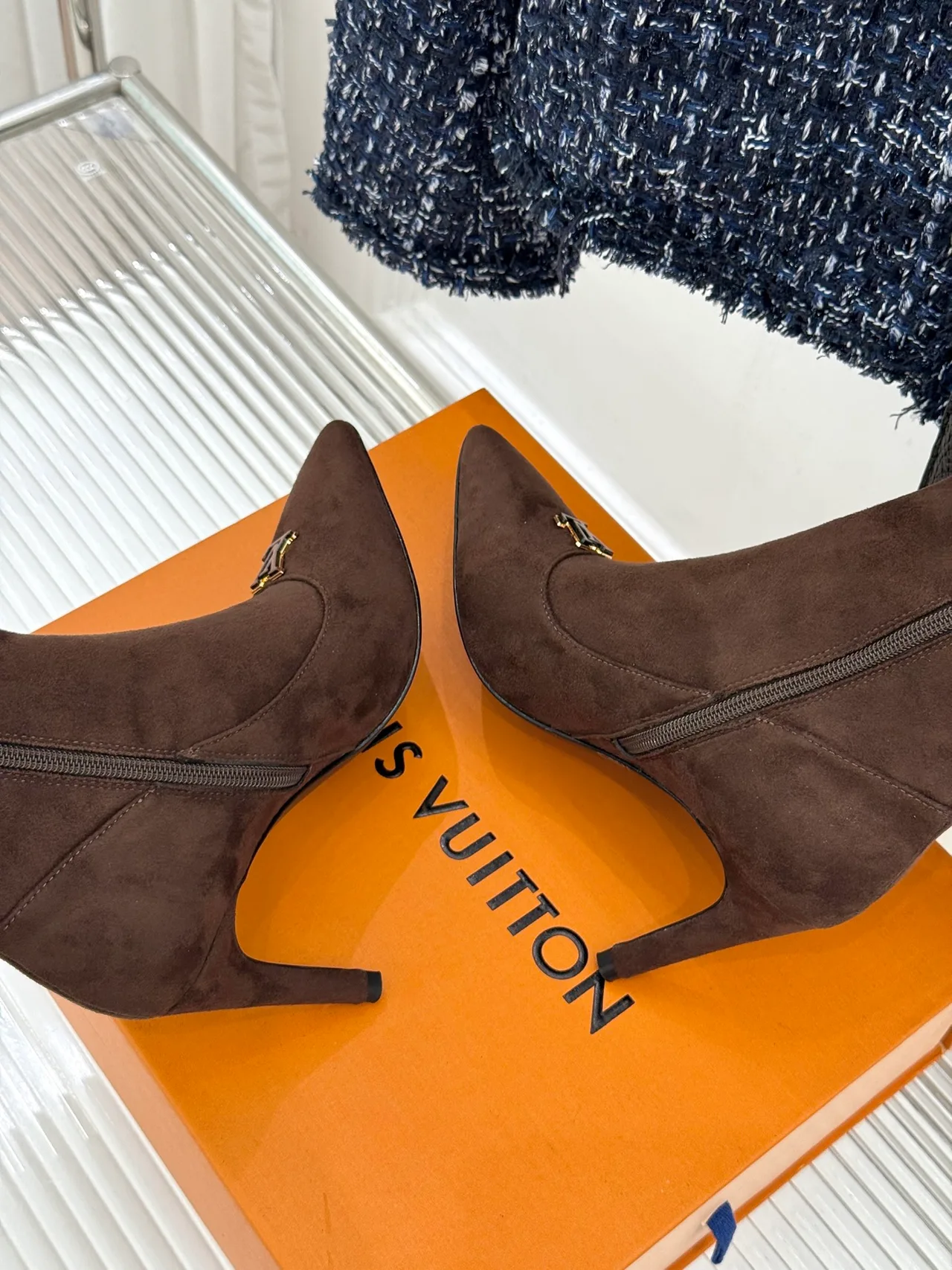 Louis Vuitton Denim Suede-Look Pointed-Toe Pumps in Brown · view 5