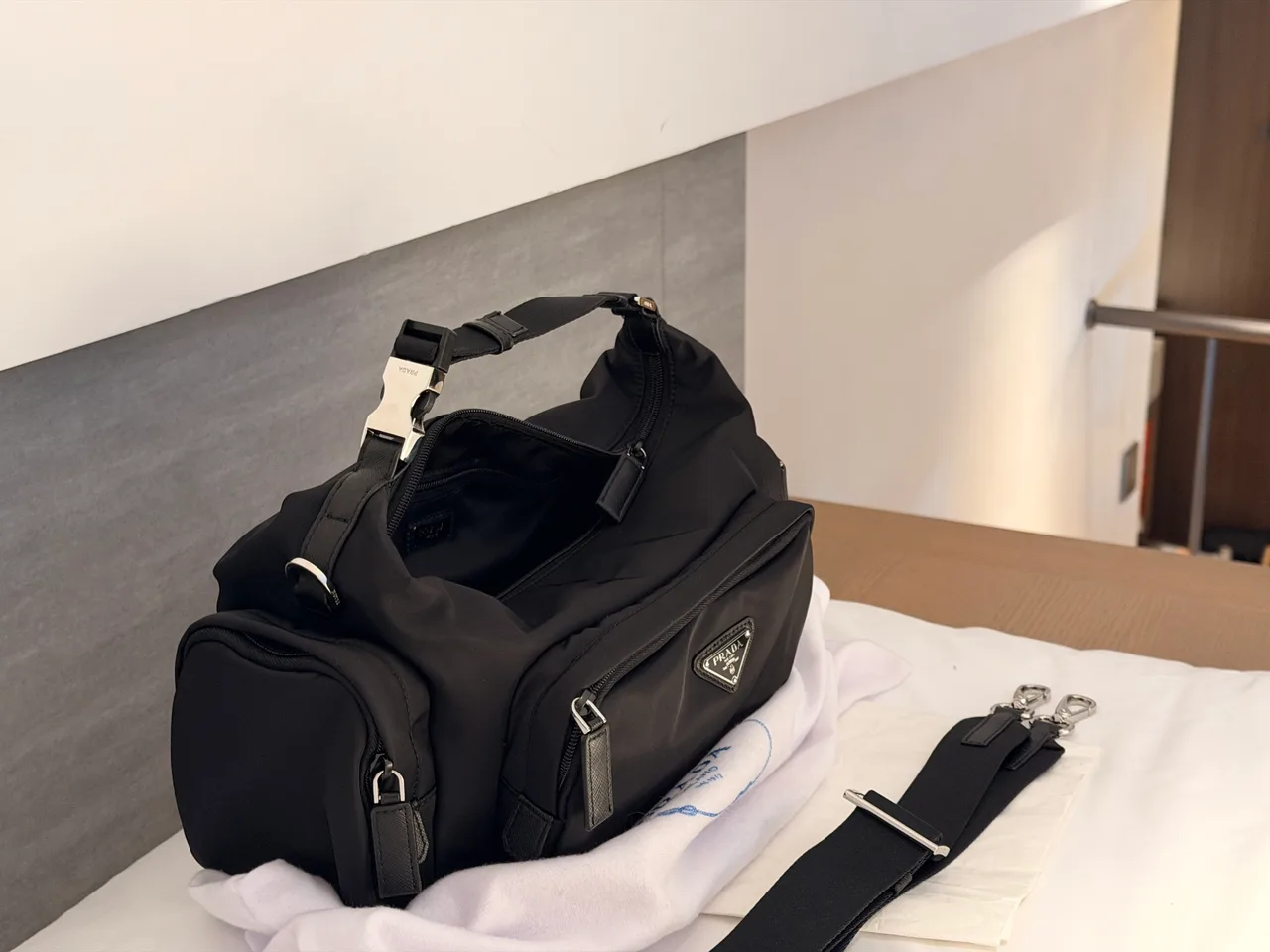 Prada Nylon Smooth Pillow Duffel Bag in Black · view 2