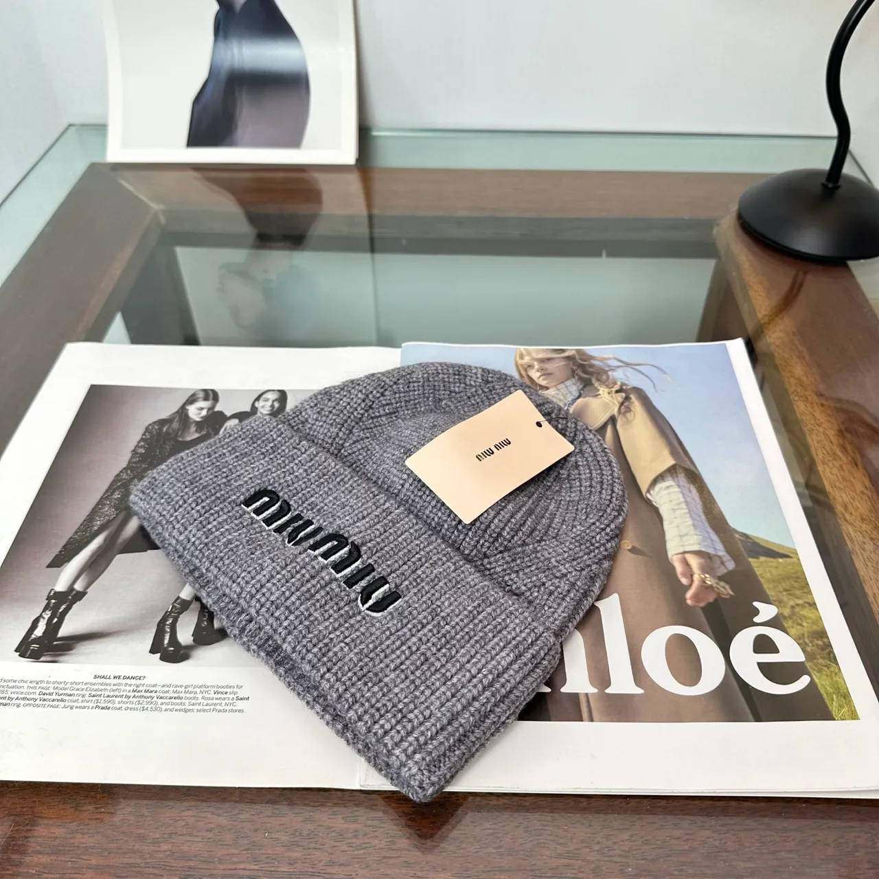 Miu Miu Ribbed Embroidered Beanie in Grey · view 2