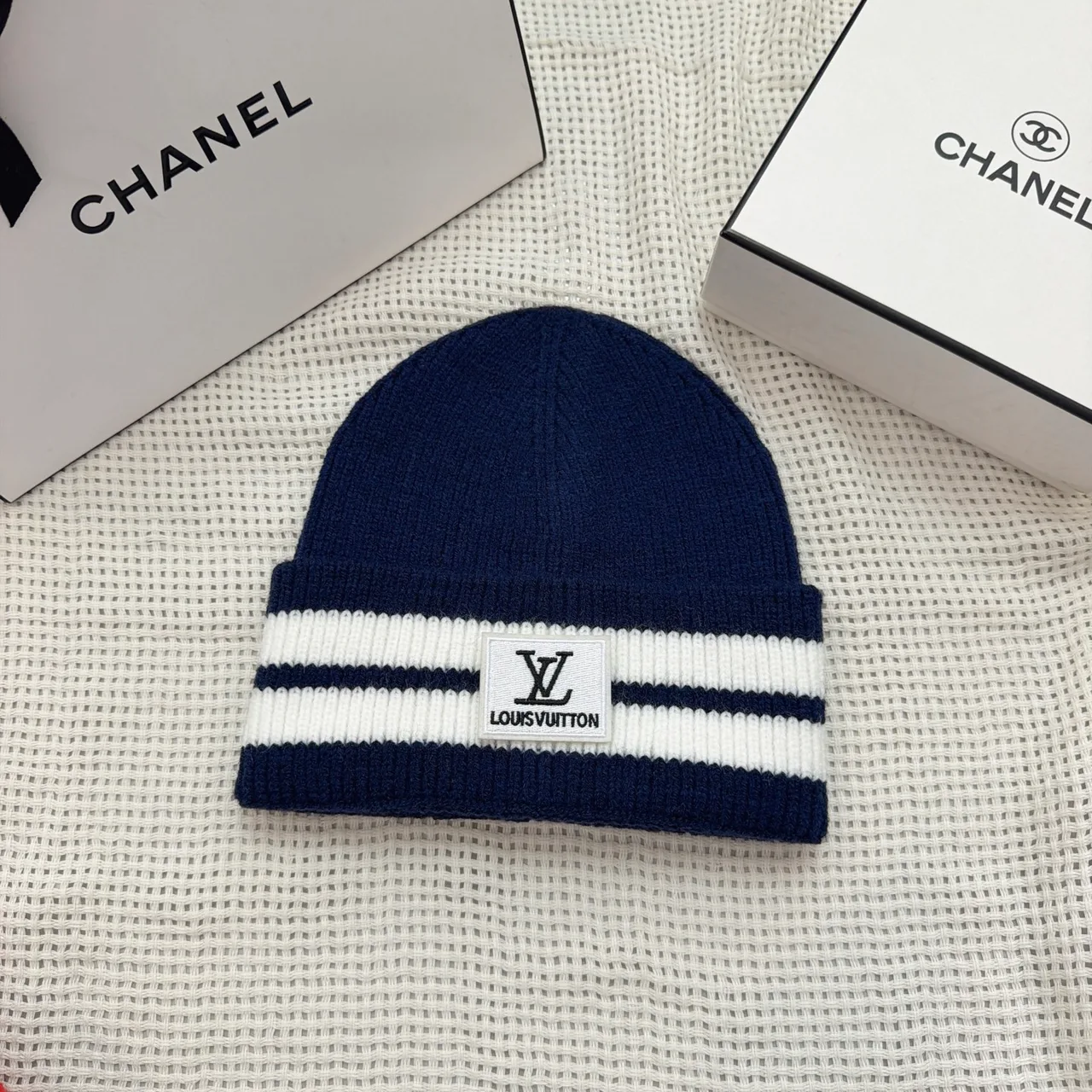 Louis Vuitton Striped monogram knit beanie in Grey & Black & Blue & Burgundy & Brown & Red & White · view 2