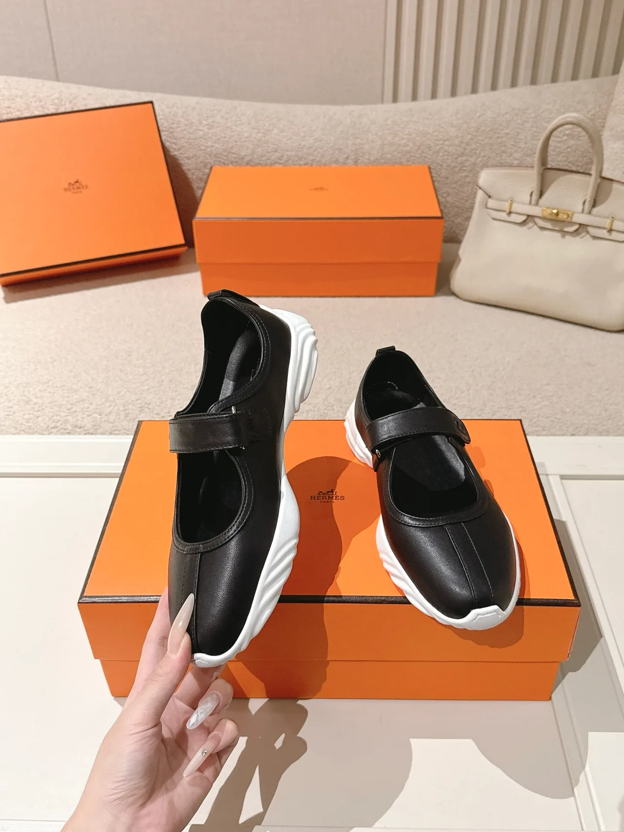 Hermes Lambskin Round-Toe Buckle Mary Jane Shoes in Black · view 4