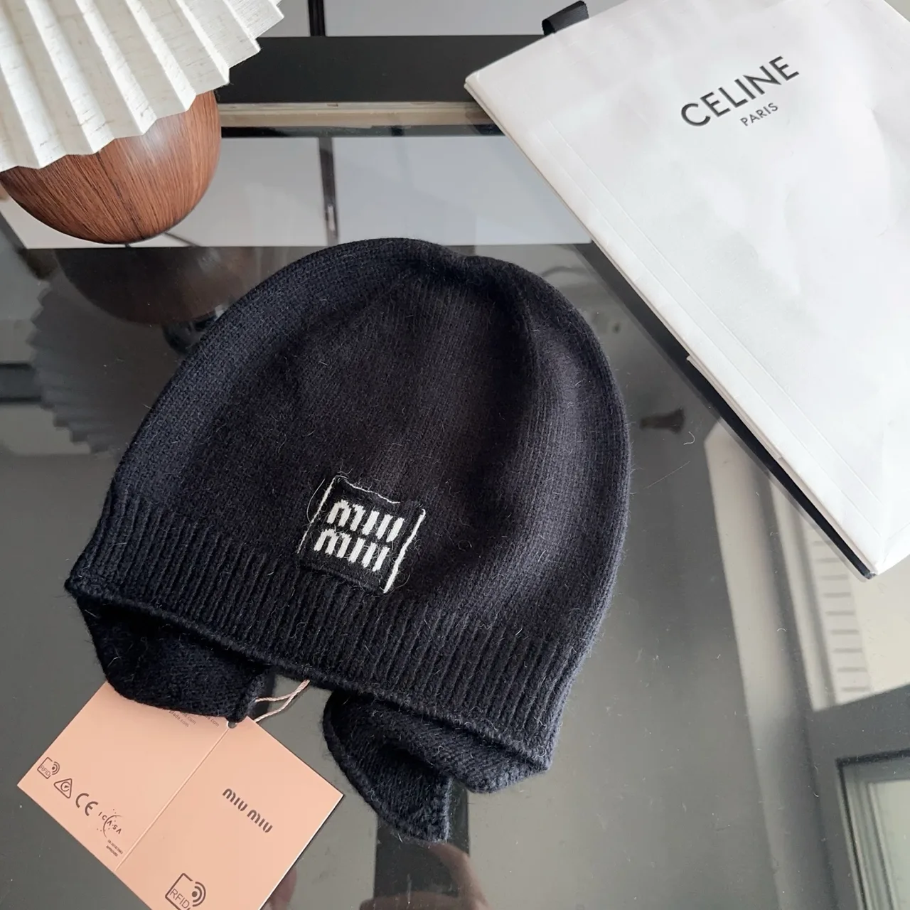 Miu Miu Ribbed Beanie in Black · view 4
