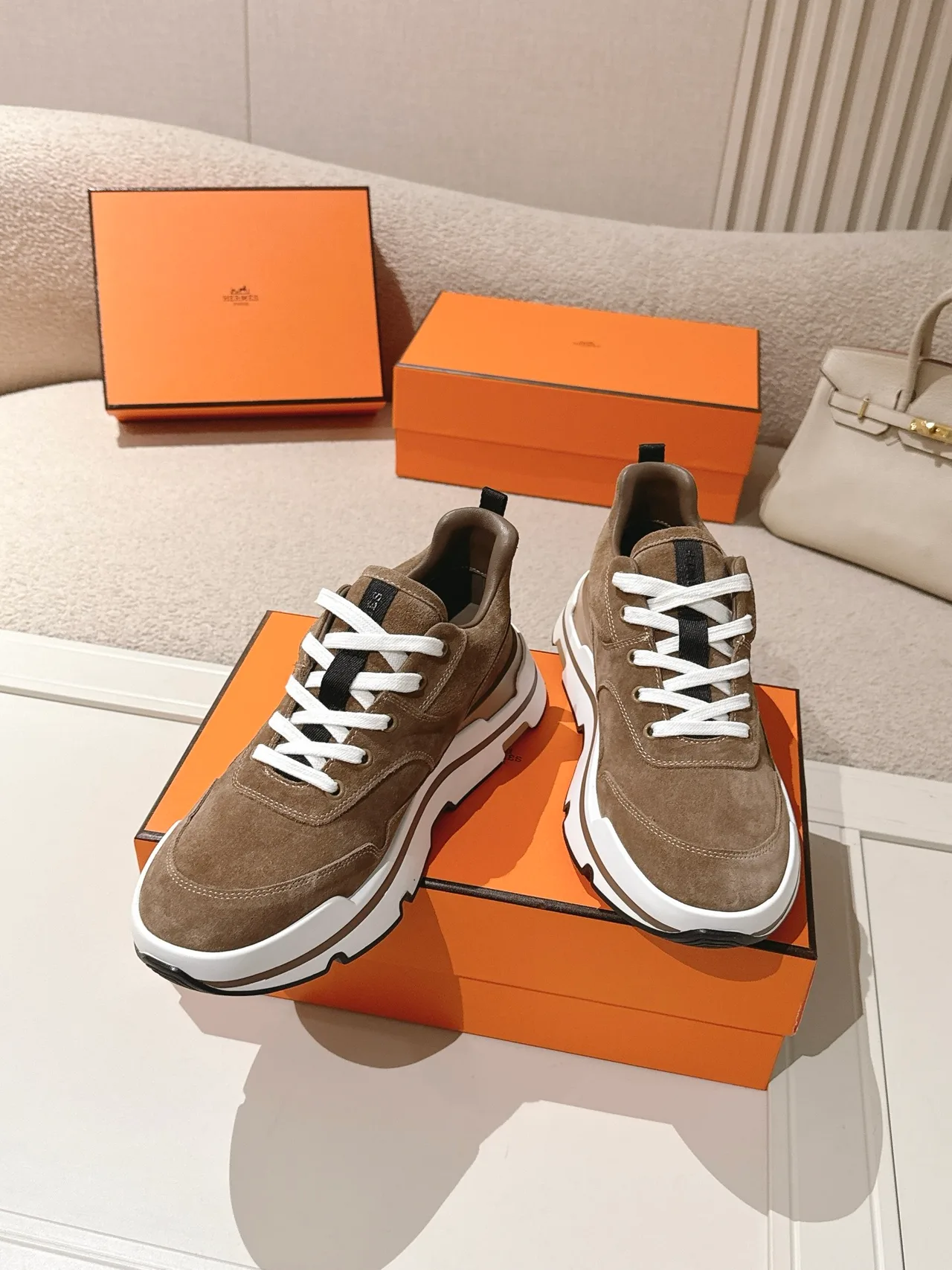 Hermes Calfskin Suede-Look Sneakers in Brown · view 3