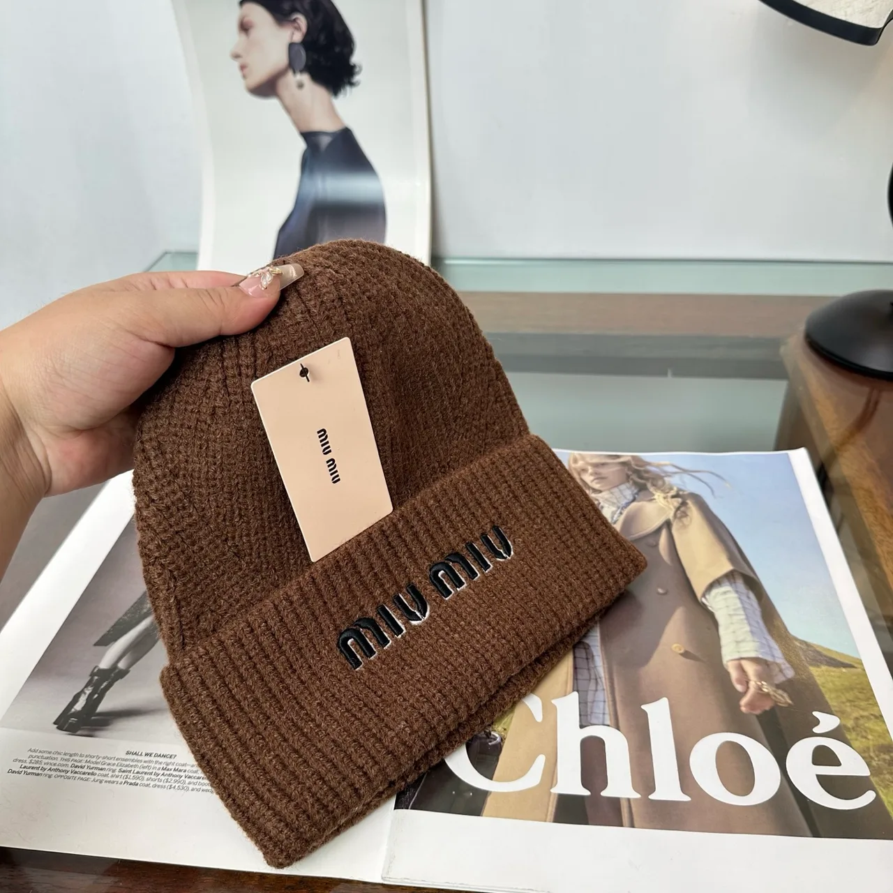 Miu Miu Logo knit beanie in Brown & Grey & Black & White & Beige · view 5