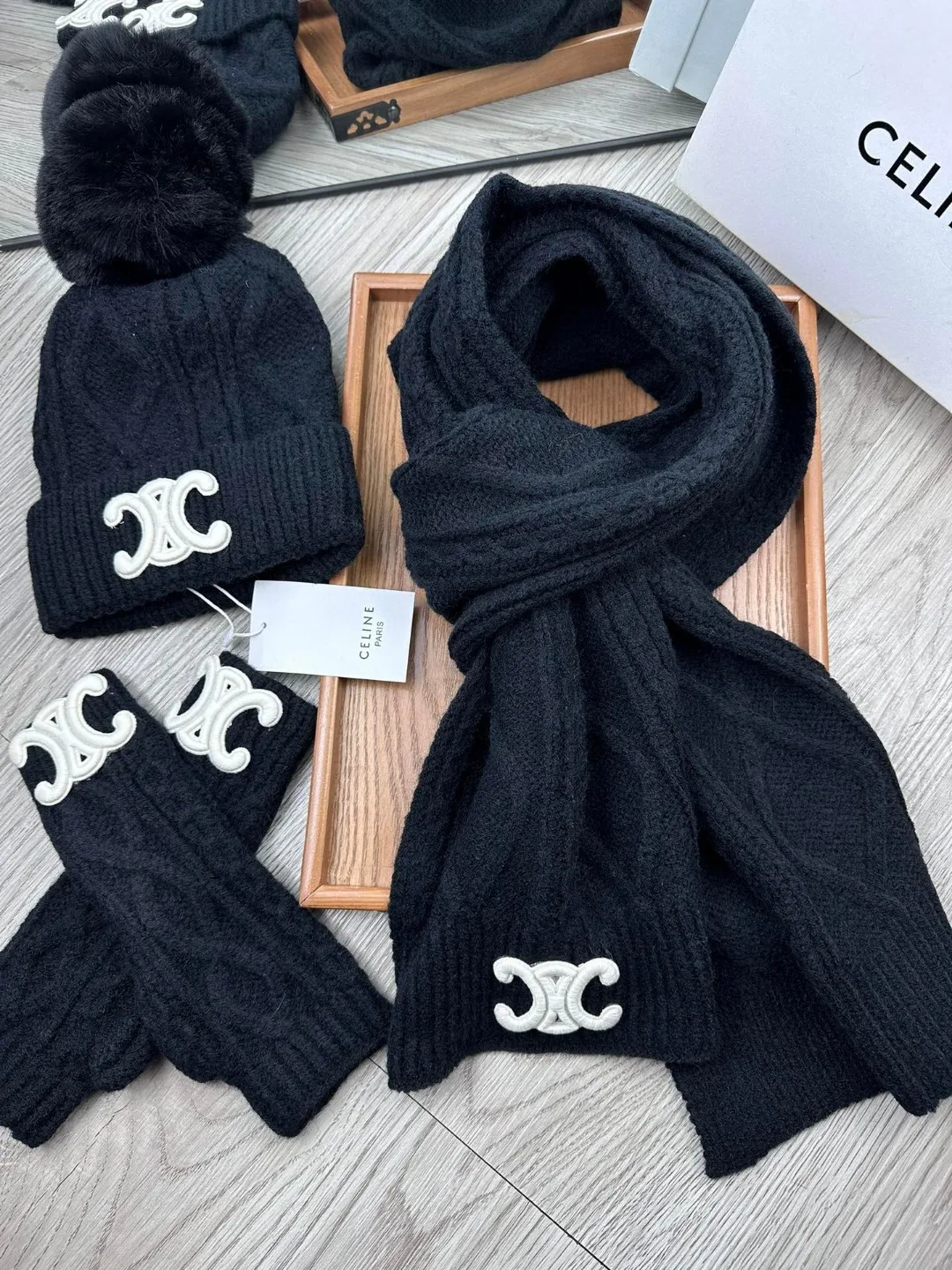 Celine 50% Wool 50% Acrylic Embroidered 3-Piece Set (Hat, Scarf & Gloves) in Black · view 6