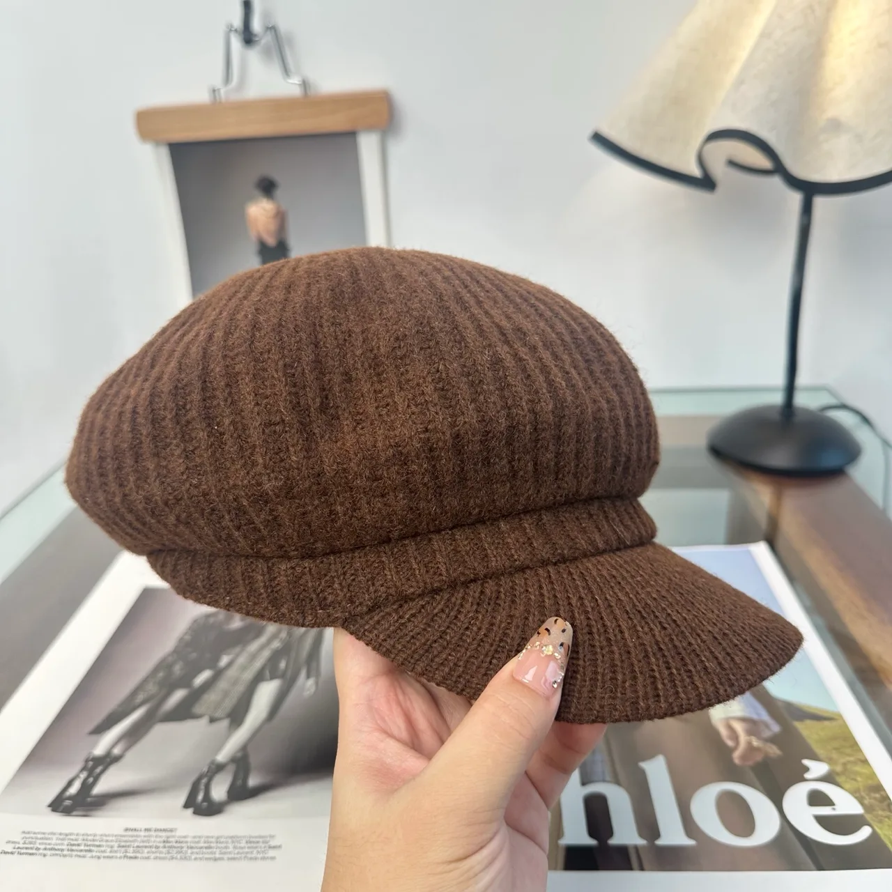 Miu Miu Knit Brimmed Cap in Brown & Beige & Grey & Cream & Black · view 8