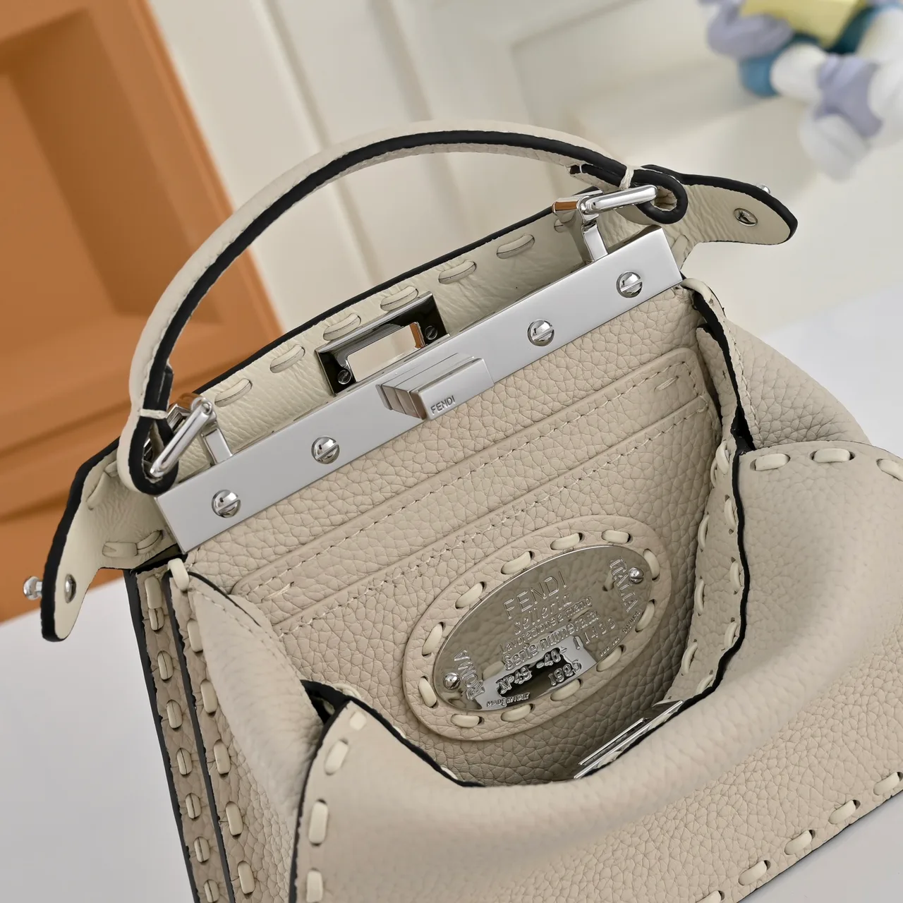 Fendi Calfskin Smooth Top-Handle Bag in Beige · view 3