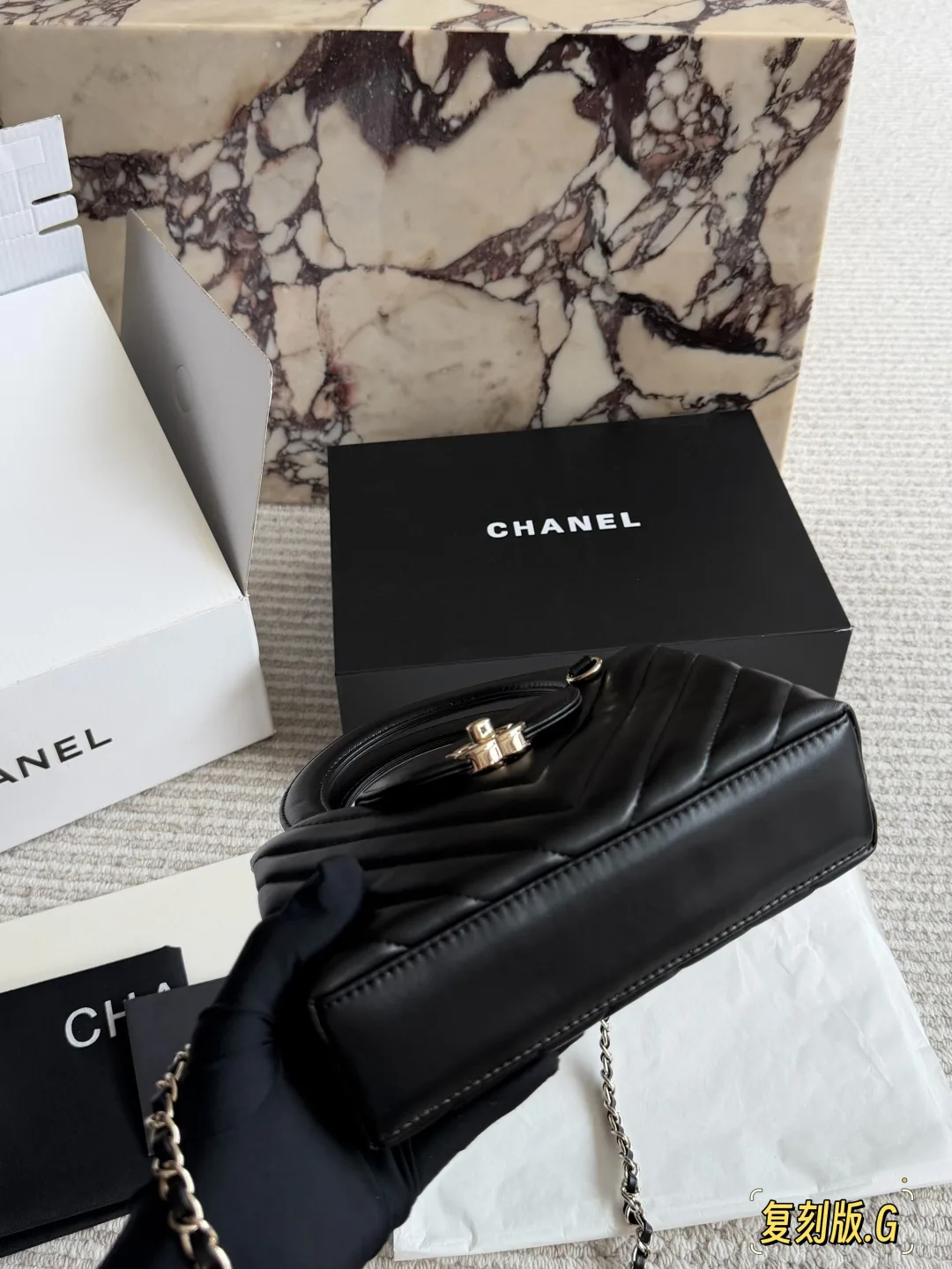Chanel Lambskin Quilted Top-Handle Bag in Black · view 4