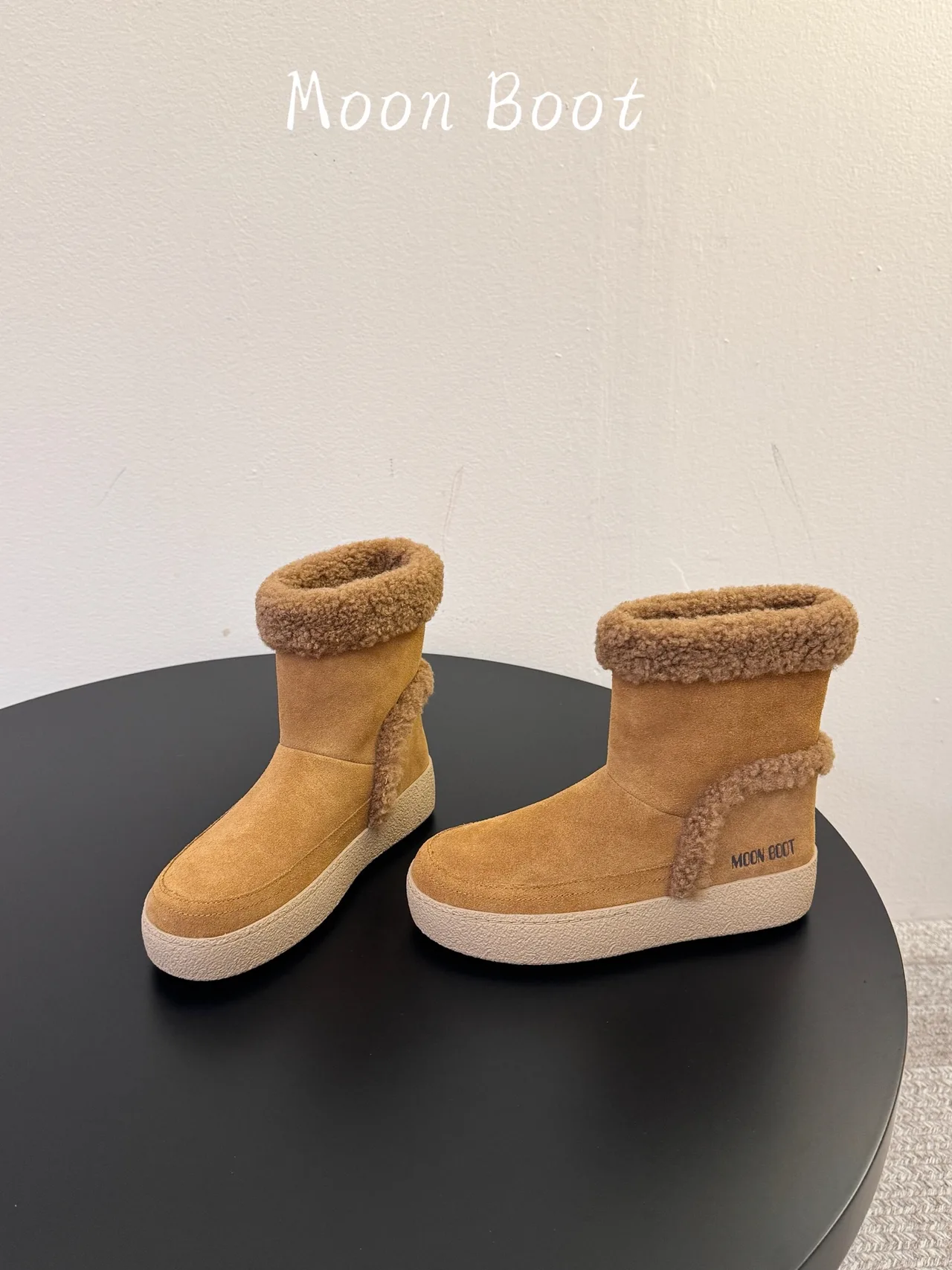 Moon Boot Cowhide Suede-Look Round-Toe Ankle Boots in Tan · view 3
