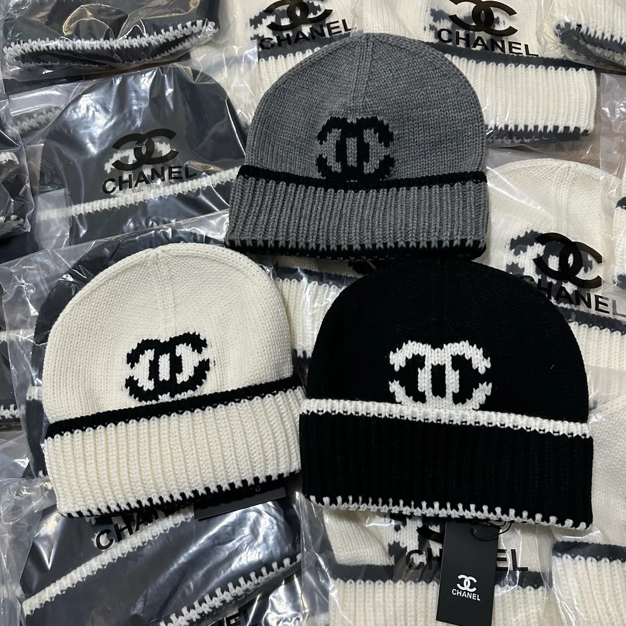 Chanel CC Stripe Beanie in White & Black & Grey · view 7