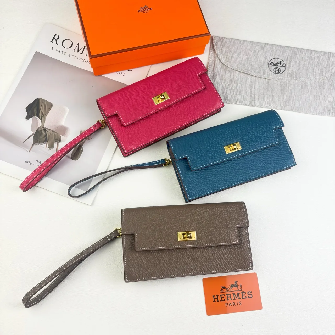 Hermes Wristlet Wallet in Blue & Pink & Grey & Green & Red & Burgundy · view 2