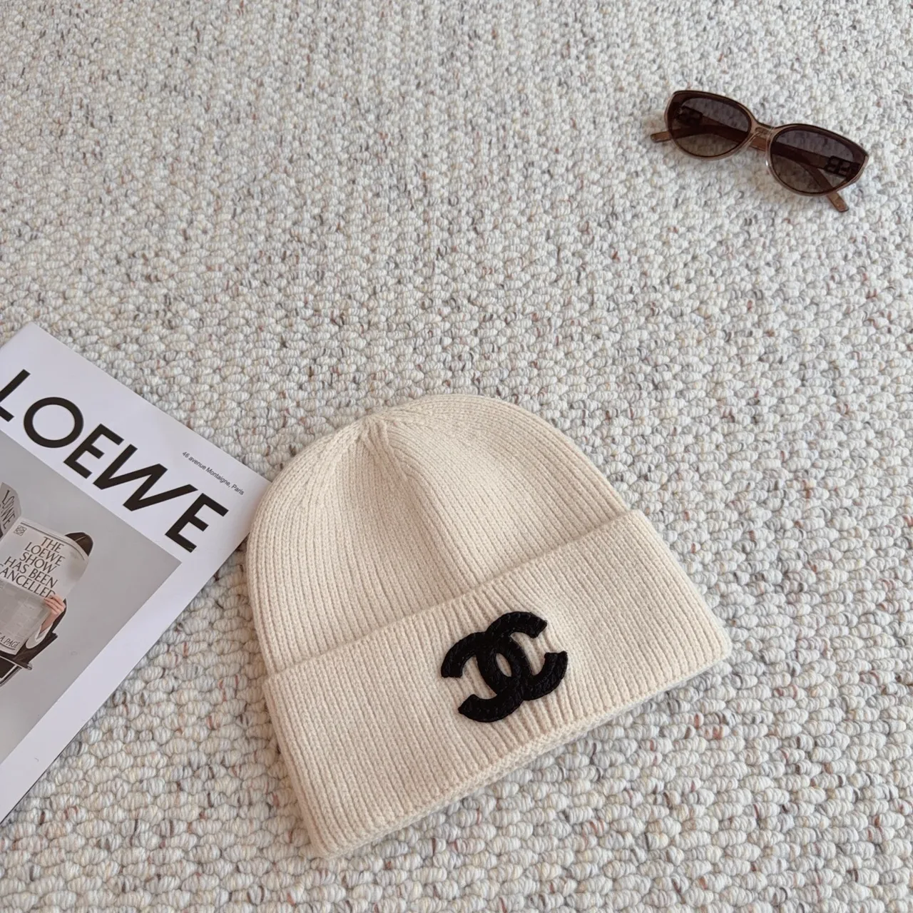 Chanel Ribbed Embroidered Beanie in White · view 3