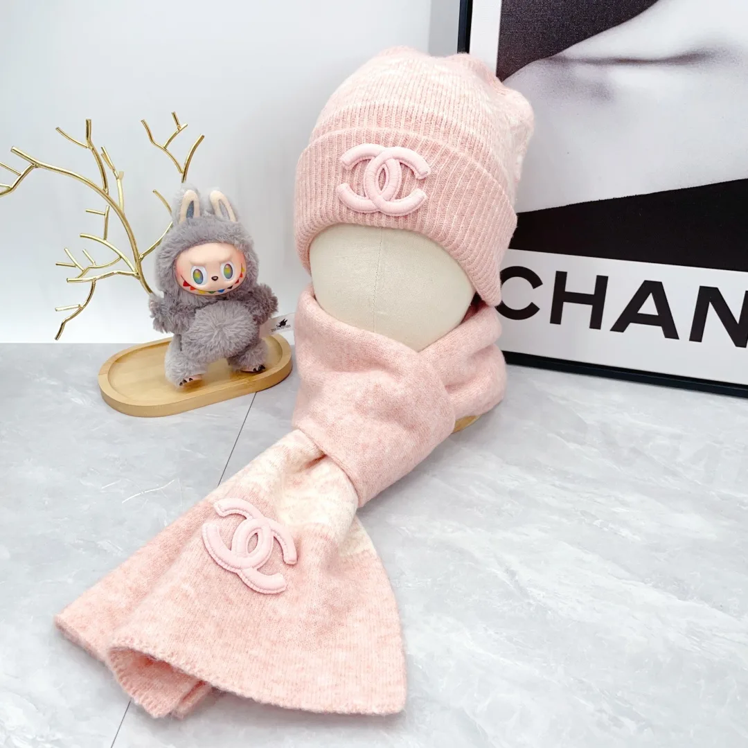 Chanel Wool Embroidered Hat Scarf and Gloves Set in Pink · view 1
