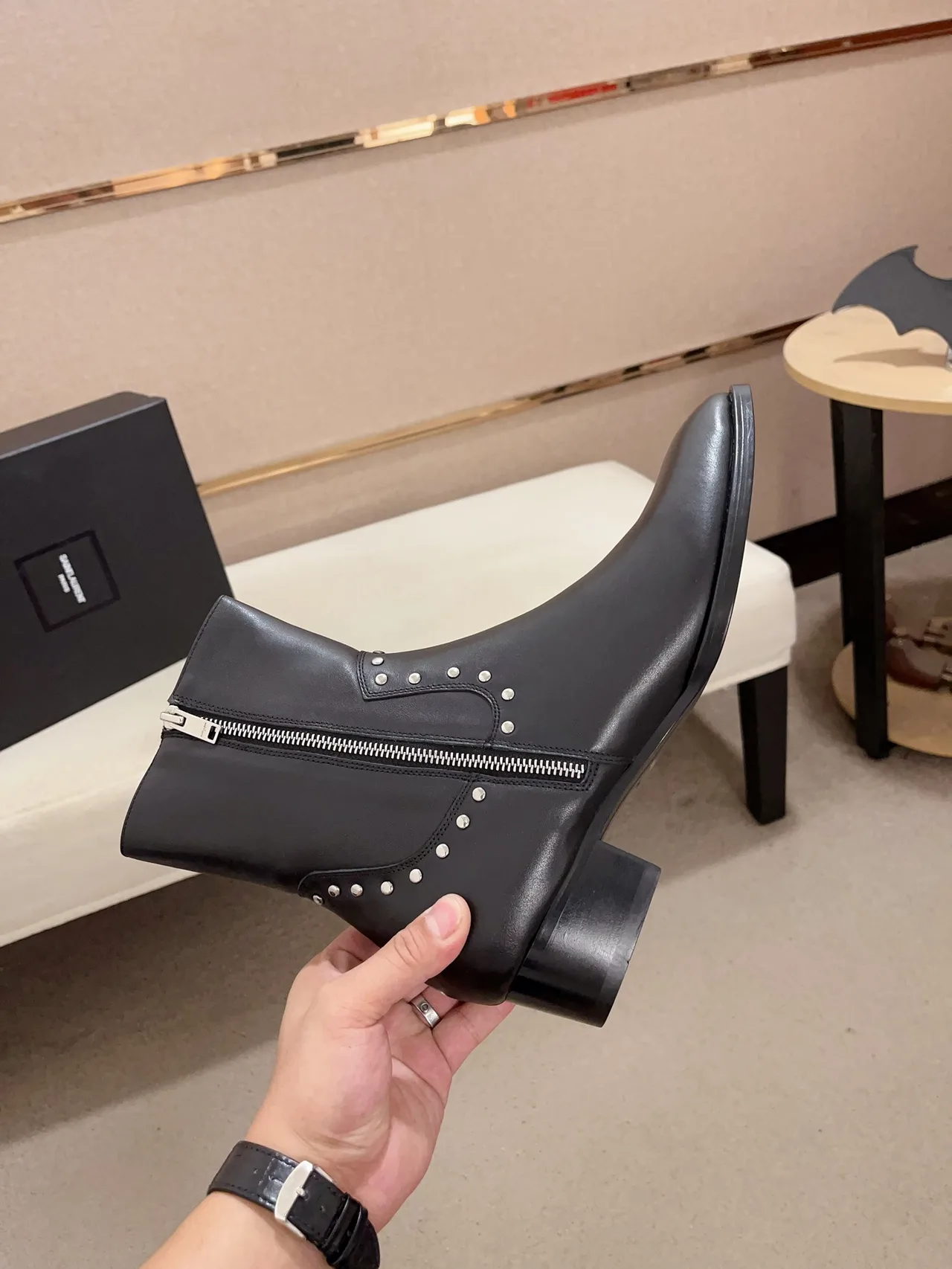 Saint Laurent Cowhide Glossy Pointed-Toe Ankle Boots in Black · view 5