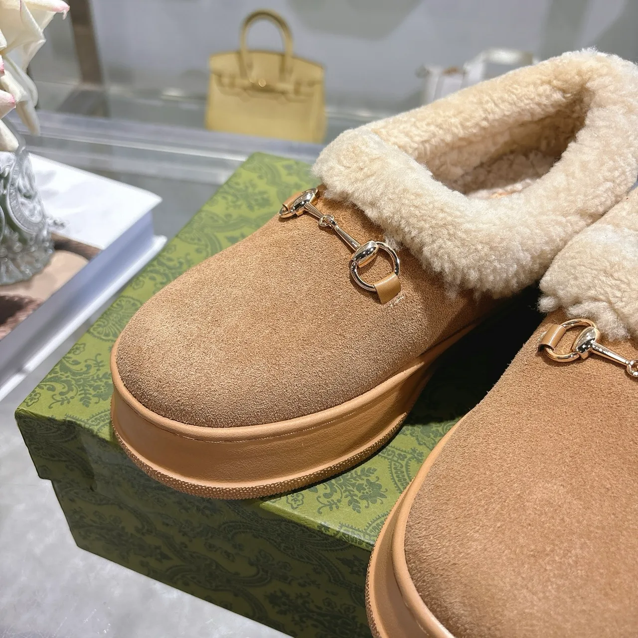 Gucci Cowhide Sheepskin Buckle Fur-Lined Ankle Boots in Brown · view 5