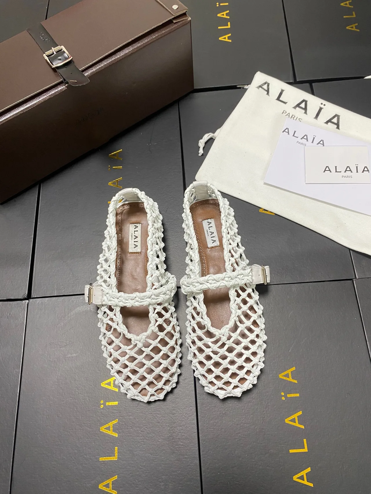 Alaia Cowhide Sheepskin Square-Toe Mesh Mary Jane Flats in White · view 1