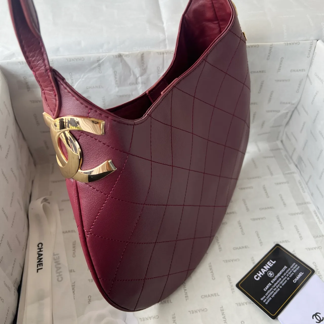Chanel Quilted Hobo Bag in Burgundy · view 2