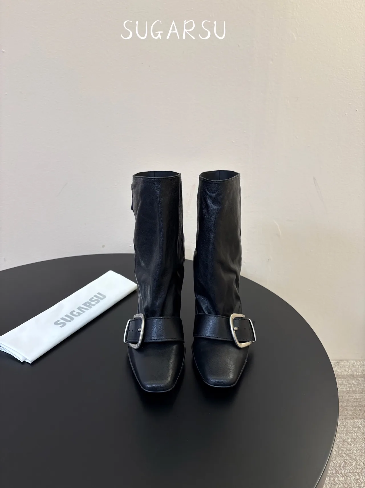 Sugar Su Sheepskin Glossy Square-Toe Boots in Black · view 1